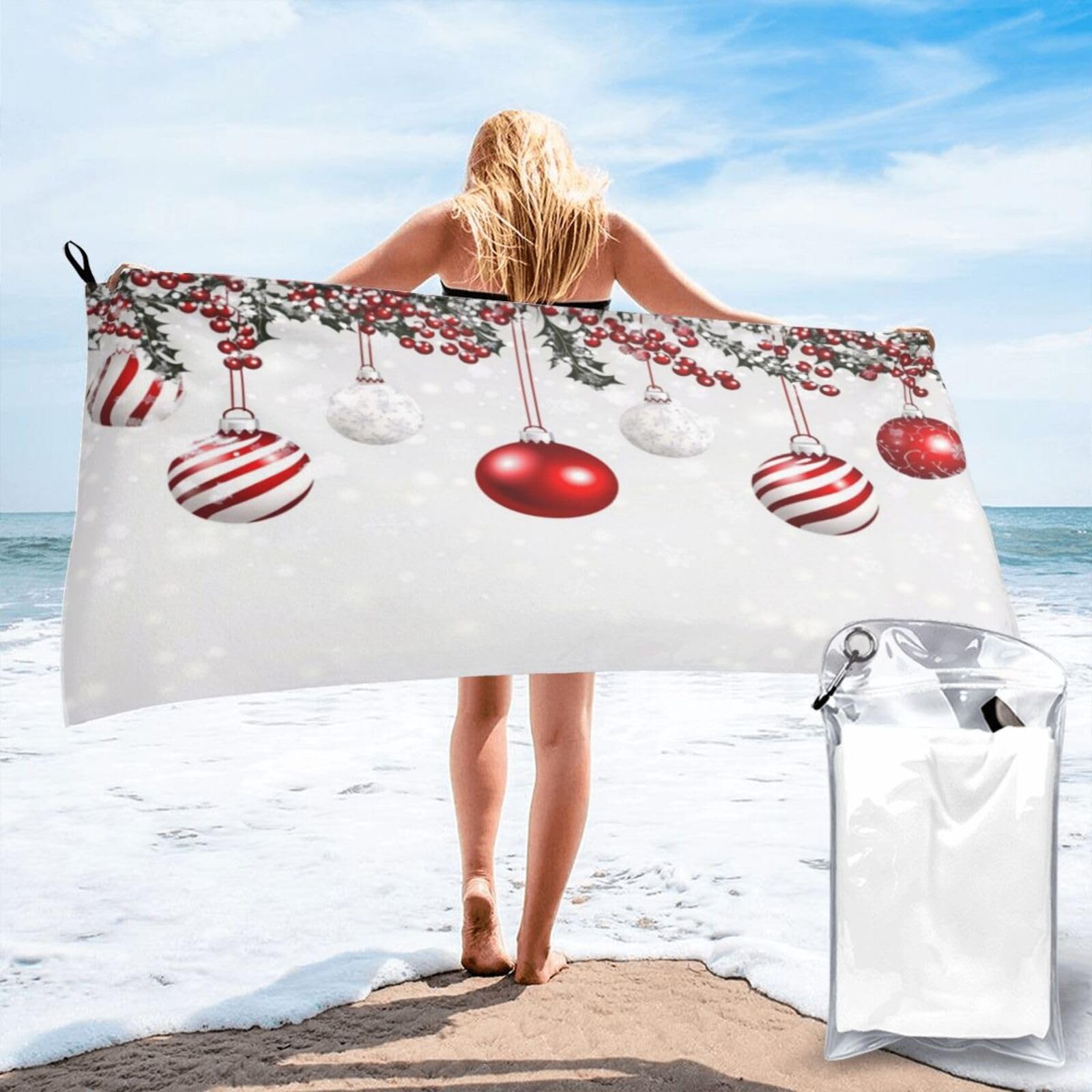 Anceky Christmas Ornament Garland with Snow Quick Dry Microfiber Travel Towel with Carry Case and Carabiner 31.5"X63"