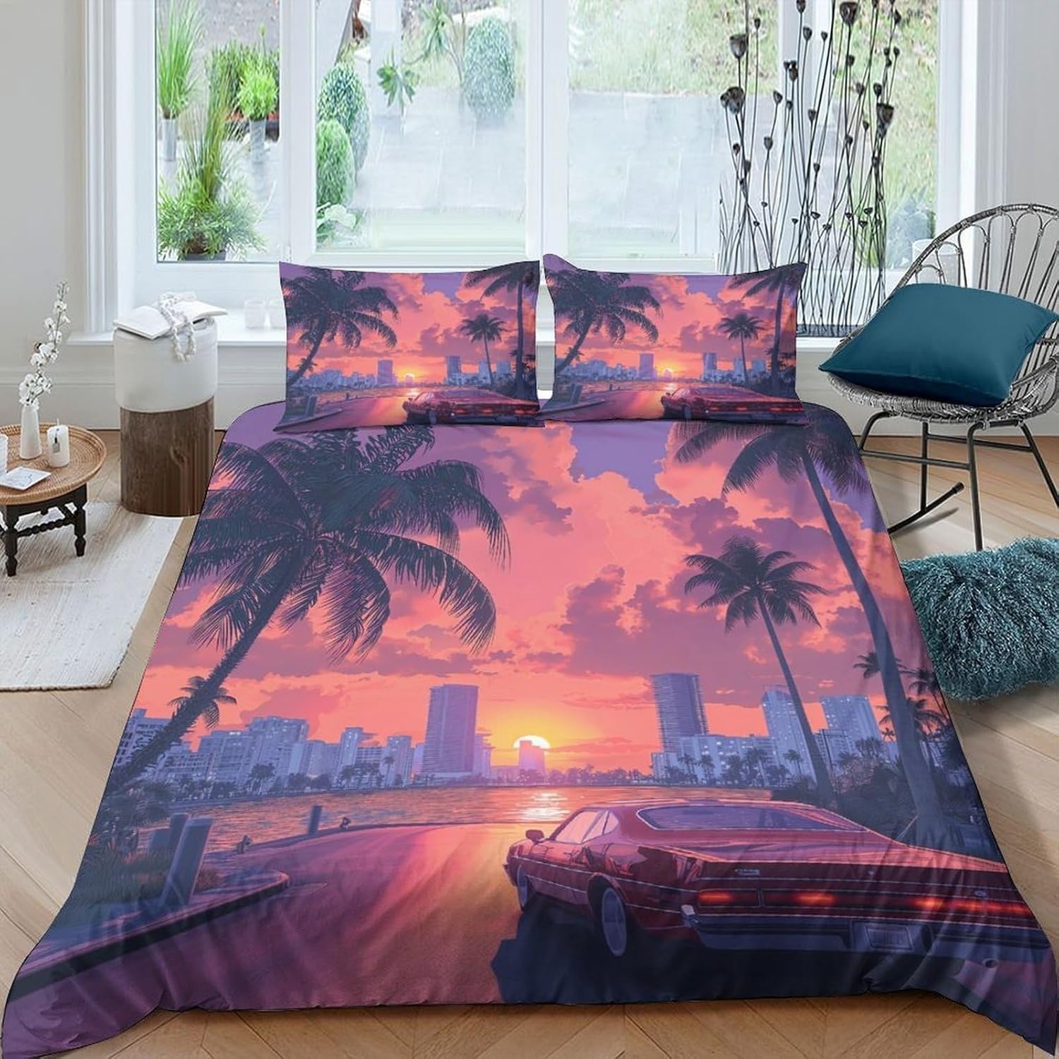 Housse de couette 160x200 anti-plis imprimé coucher de soleil en microfibre zippée