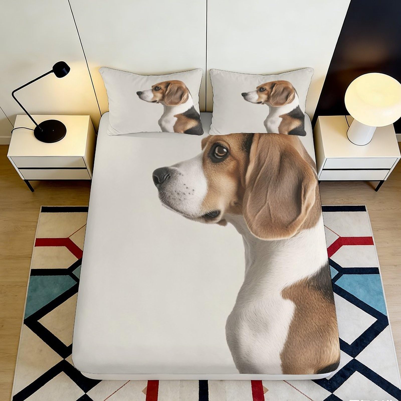 3D Printed Beagle Dog Fitted Sheet Microfiber Soft Breathable Puppy Art Bed Cover for Bedroom Guest Room Decor 90x200x25cm