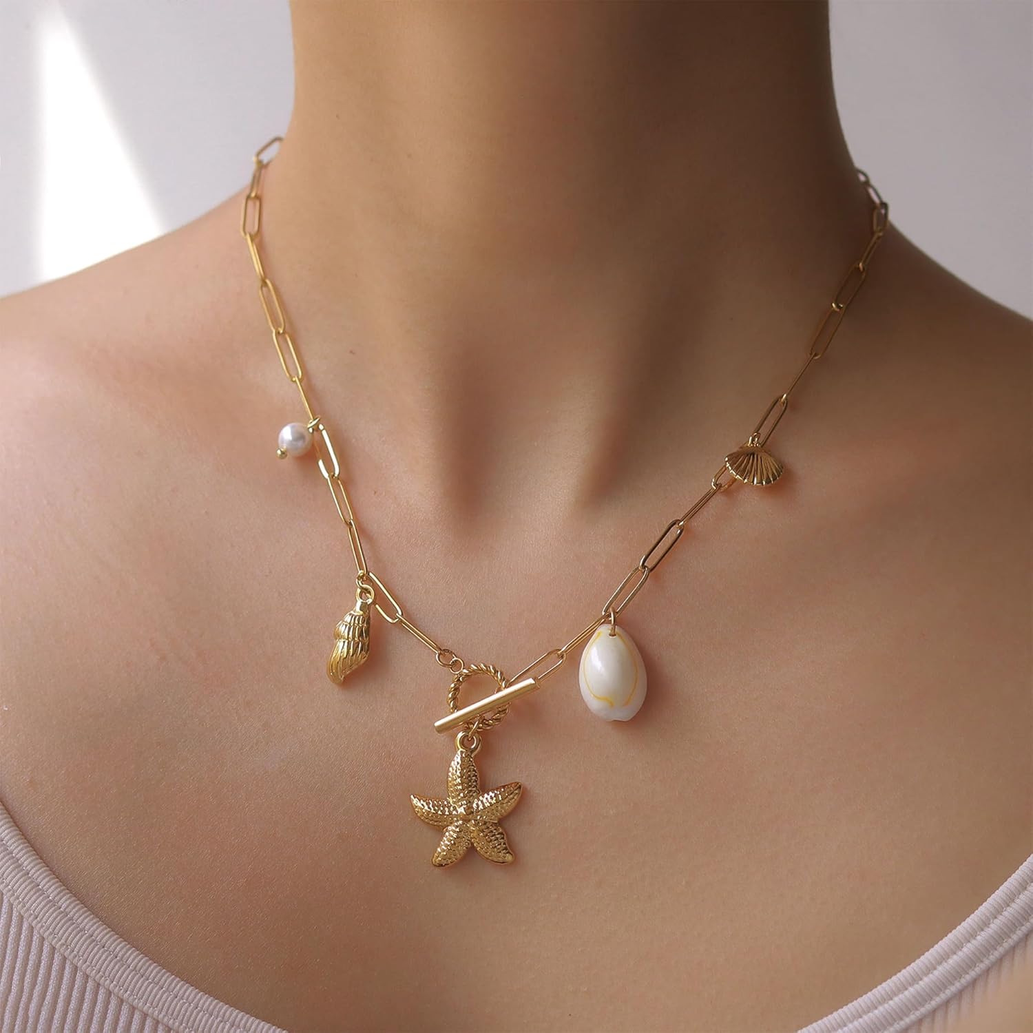 Gold Summer Charm Necklace for Women Starfish Seashell Necklace Beach Vacation Jewelry - Image 3