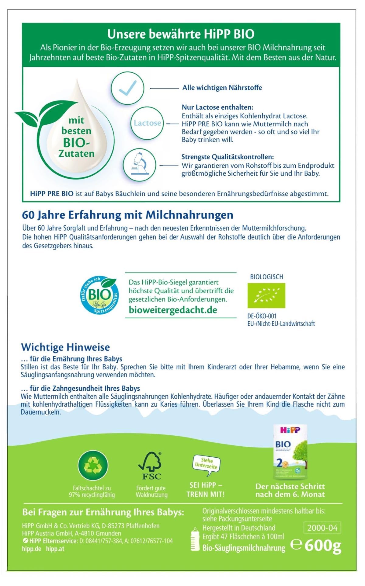 HiPP PRE Bio Anfangsmilch (4 x 600g), von Geburt an, enthält nur Lactose als Kohlenhydrat, in bester Bio-Qualität