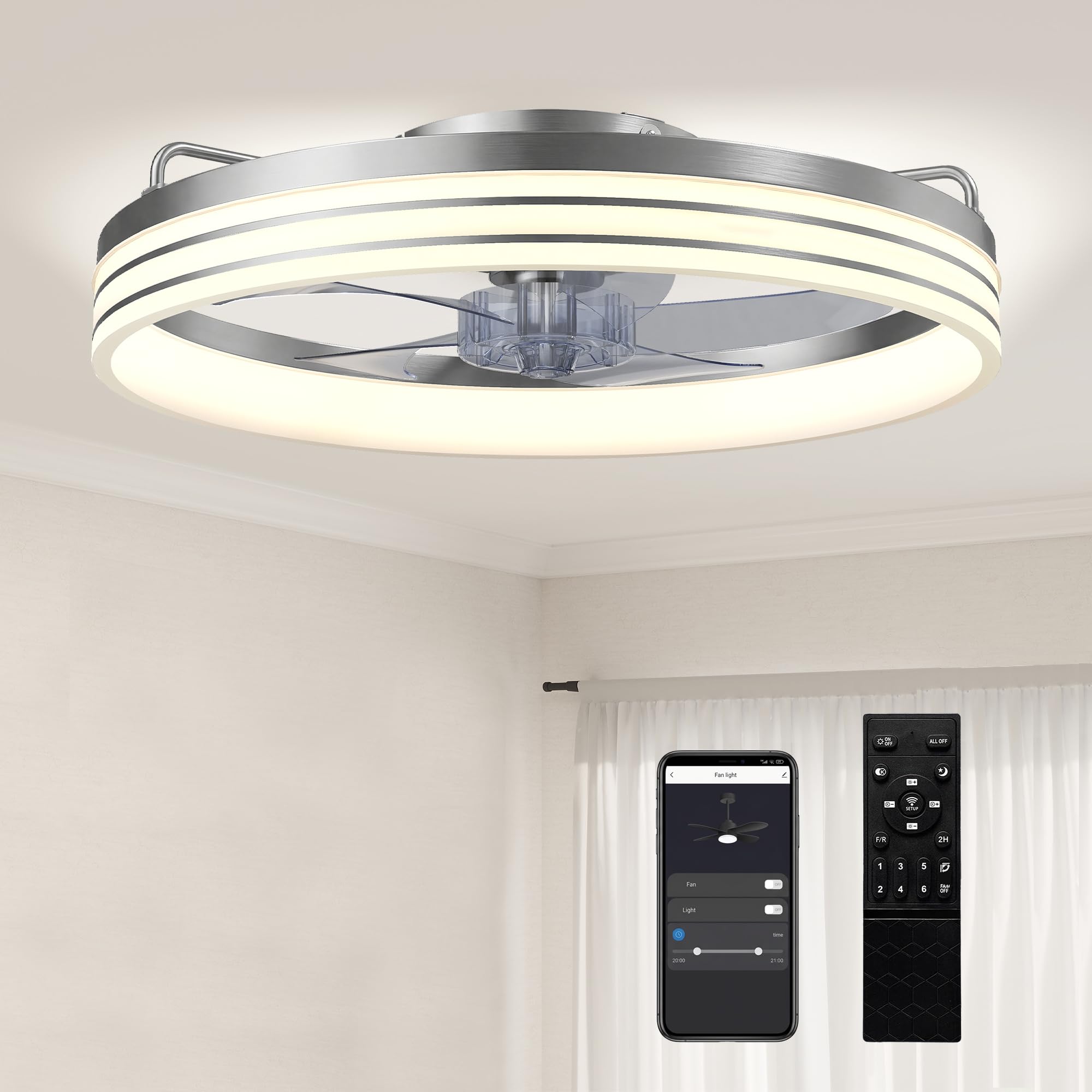 Homcom Silver Ceiling Fans With Lights And Remote & App Control, 50 Cm Modern Led Ceiling Fan Light With 3 Colour Temperatures, 6 Speed, Timer, Dimmable, Quiet Reversible Dc Motor, For Bedroom, Tone