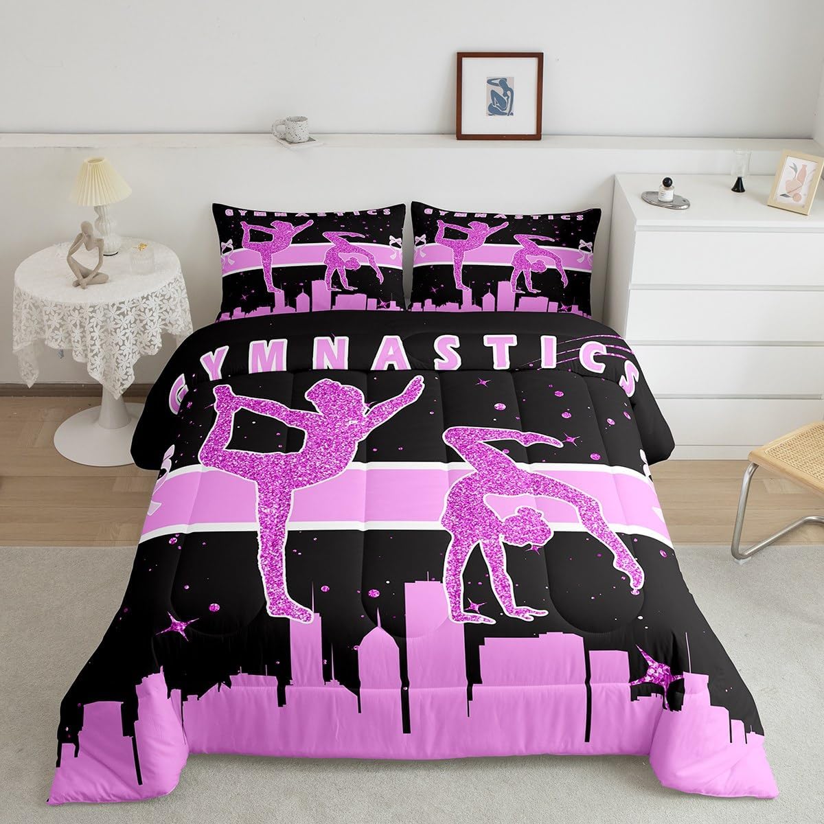Erosebridal Girls Pink Bedding Queen Girly Gymnastics Comforter Set, Dance Sports Down Comforter Trippy Stars Bedding Comforter Sets, Glitter Galaxy Universe Duvet Insert Black Pink All-Season 3pcs