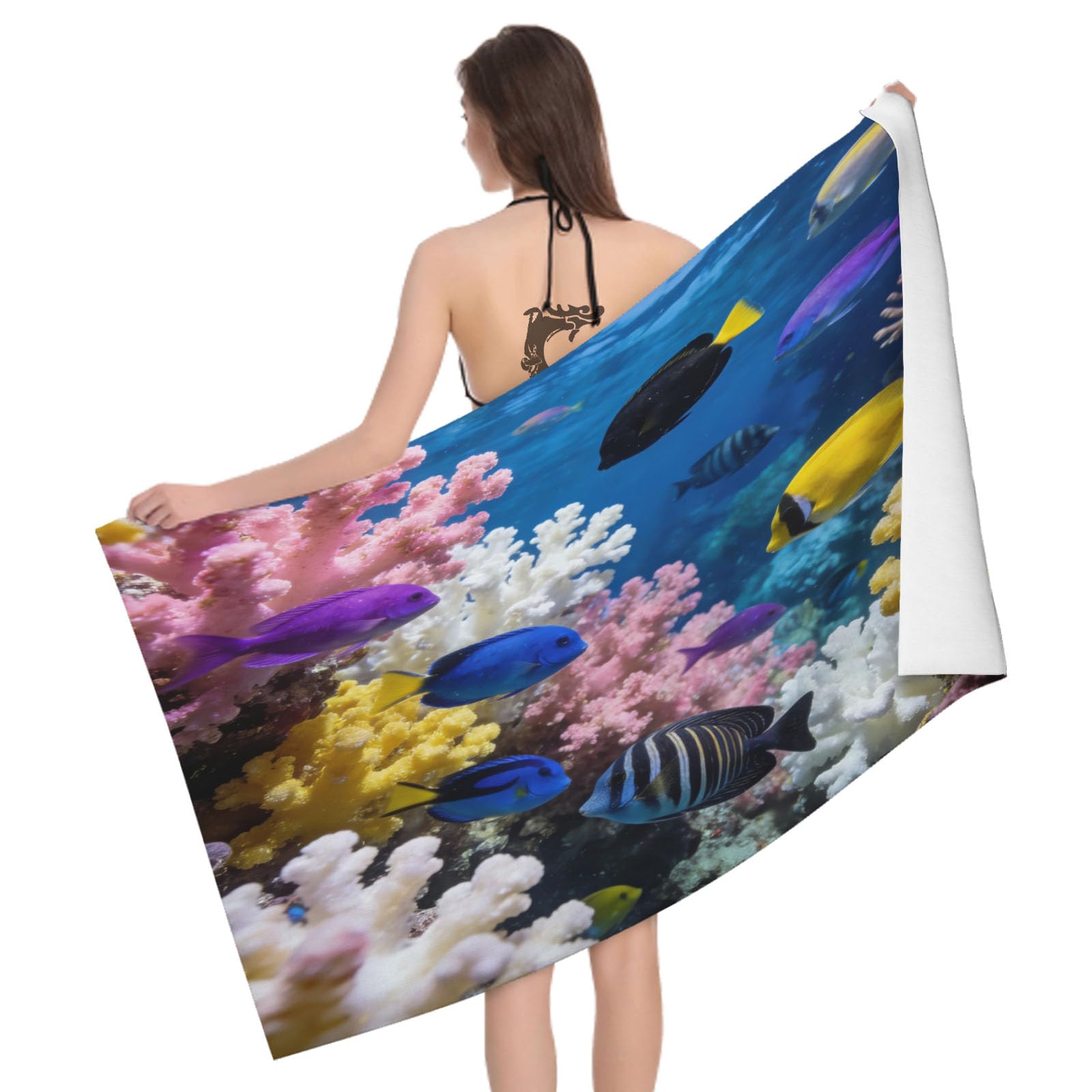 Leichong 3D Coral Fish Beach Towel Large Microfiber Soft Quick Dry for Adults, Color Coral Bath Towel Lightweight Soft Absorbent for Travel Swimming Pool Sports, 180 x 90 cm