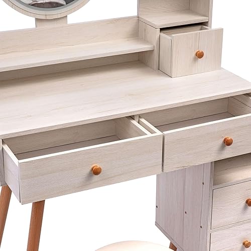 Miniatura 8 de Juego de mesa de tocador y taburete, escritorio de tocador con espejo LED de control táctil, longitud ajustable, juego de tocador para dormitorio,