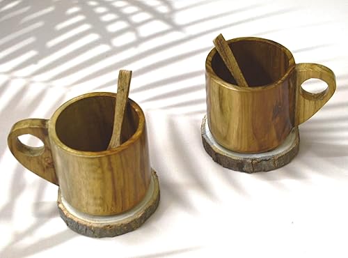 Miniatura 5 de Juego de 2 tazas de café de madera natural con posavasos y cuchara, 6.1 fl oz, tazas de té de madera, leche, jugo, soda, tazas de bebidas calientes