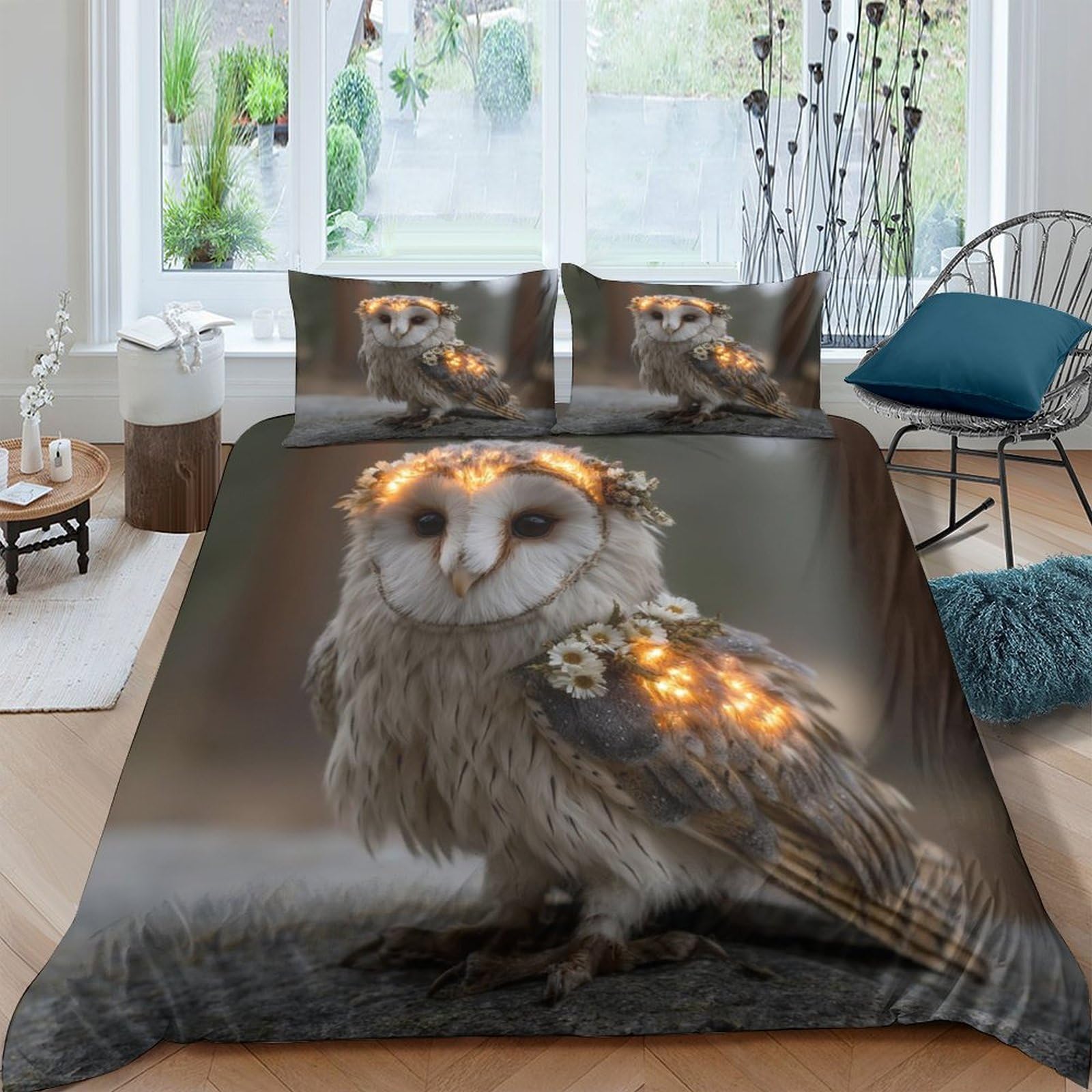 Ctjqhvkz Style-3 3D Printed Luminous Owl Fitted Sheet Microfiber Soft Bed Sheet Forest Night Mattress Cover For Bedroom Decor Single（135X200cm）