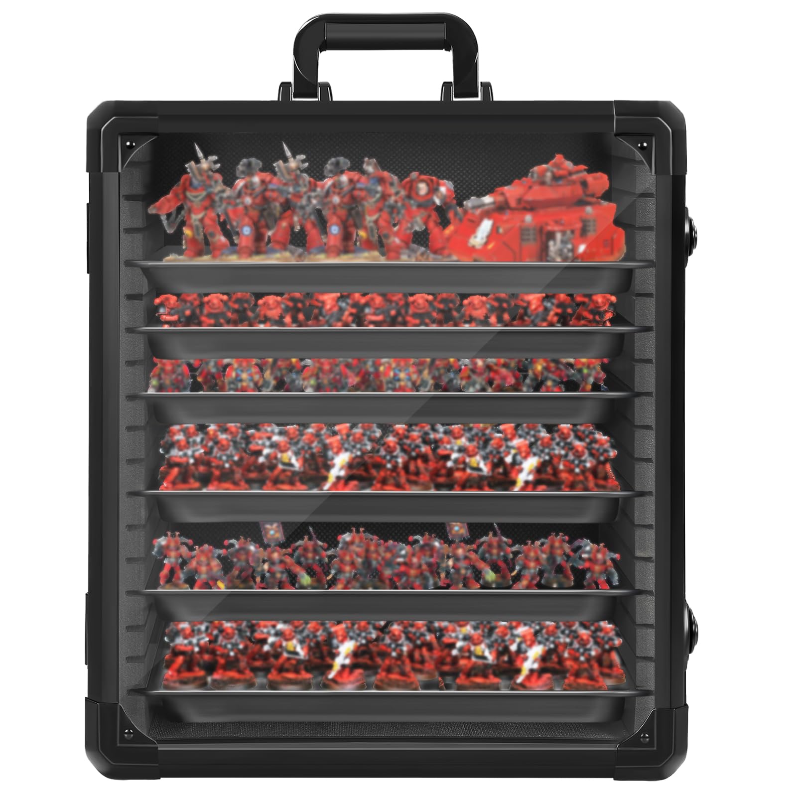 OUUTMEE Miniatures Carry Case with Aluminium Alloy Frame, Miniatures Transport Case with 6 Metal Trays, Lockable Storage Box for Collectibles (Large)