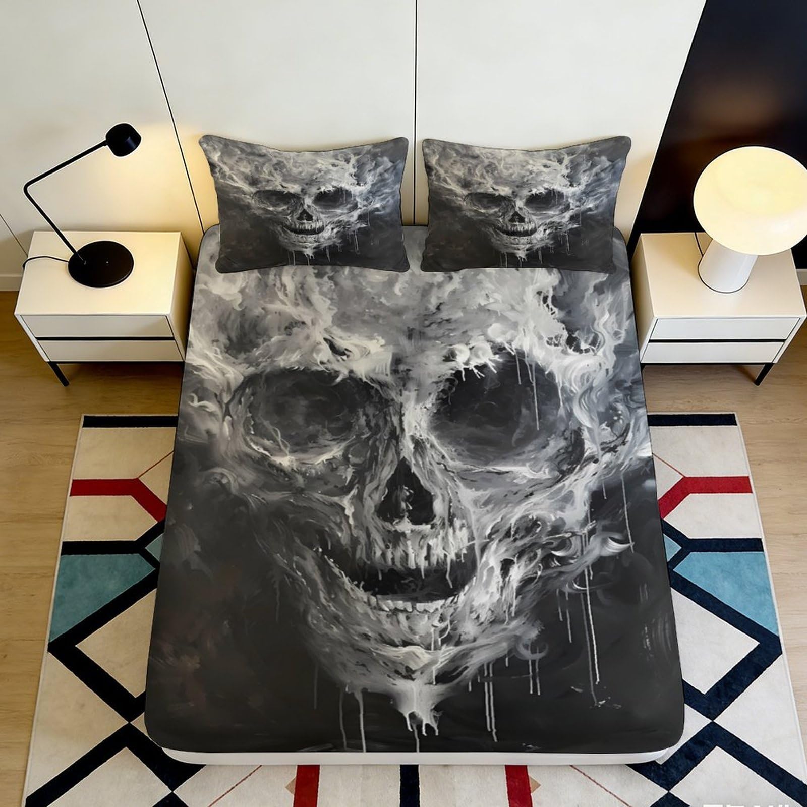 3D Printed Smoke Skull Fitted Sheet Microfiber Soft Black Skeleton Bed Cover for Bedroom Dorm Decoration Mattress Protection 90x200x25cm