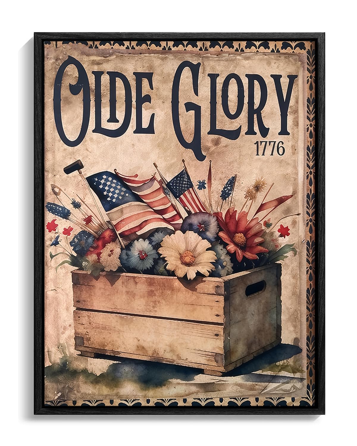 American Flag Framed Canvas Wall Art, 4th of July Floral Canvas Prints