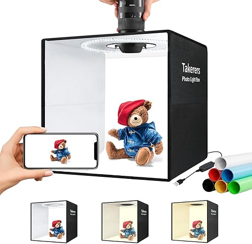 Takerers Caja de Luz de Estudio Fotográfico de 12"x12"x12" con Cabina de Fotografía con 120 LEDs, 3000-5700K Ajustable, 6 Fondos de Colores, Carpas