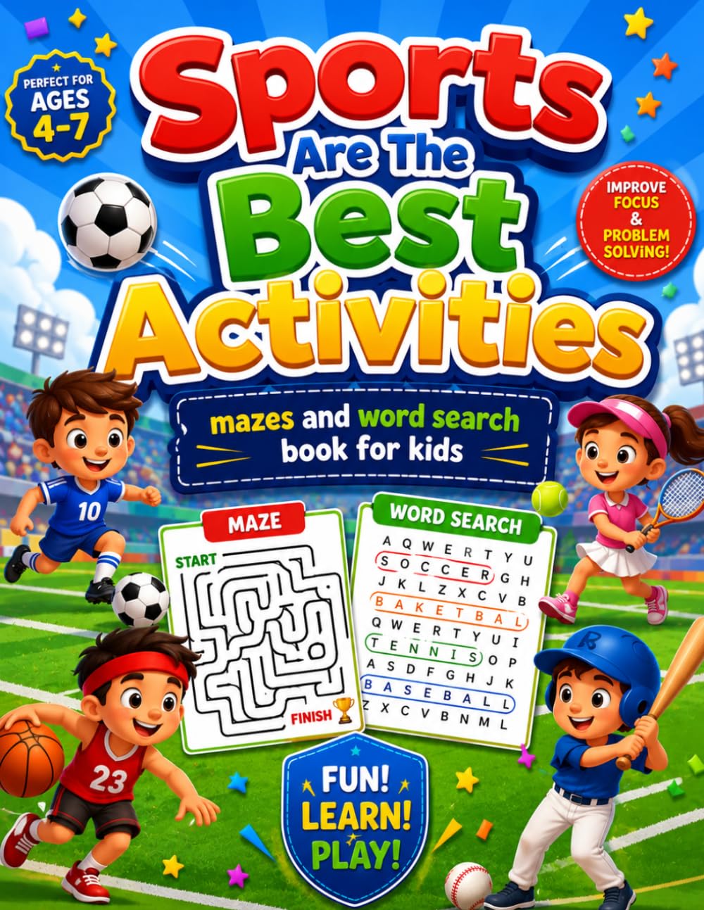 Sports Are The Best Activities: Mazez And Word Search Book For Kids