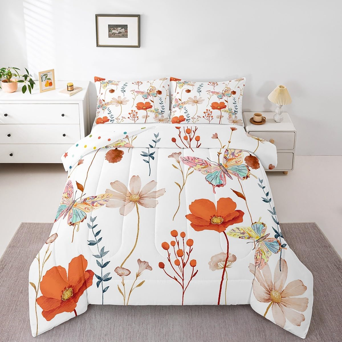 Erosebridal Watercolor Flower Butterfly Comforter Set Queen for Kids Teens Adult Women, Retro Orange Navy Floral Bedding Set, Rustic Farmhouse Quilt Branches Pastoral Duvet Insert with 2 Pillow Cases