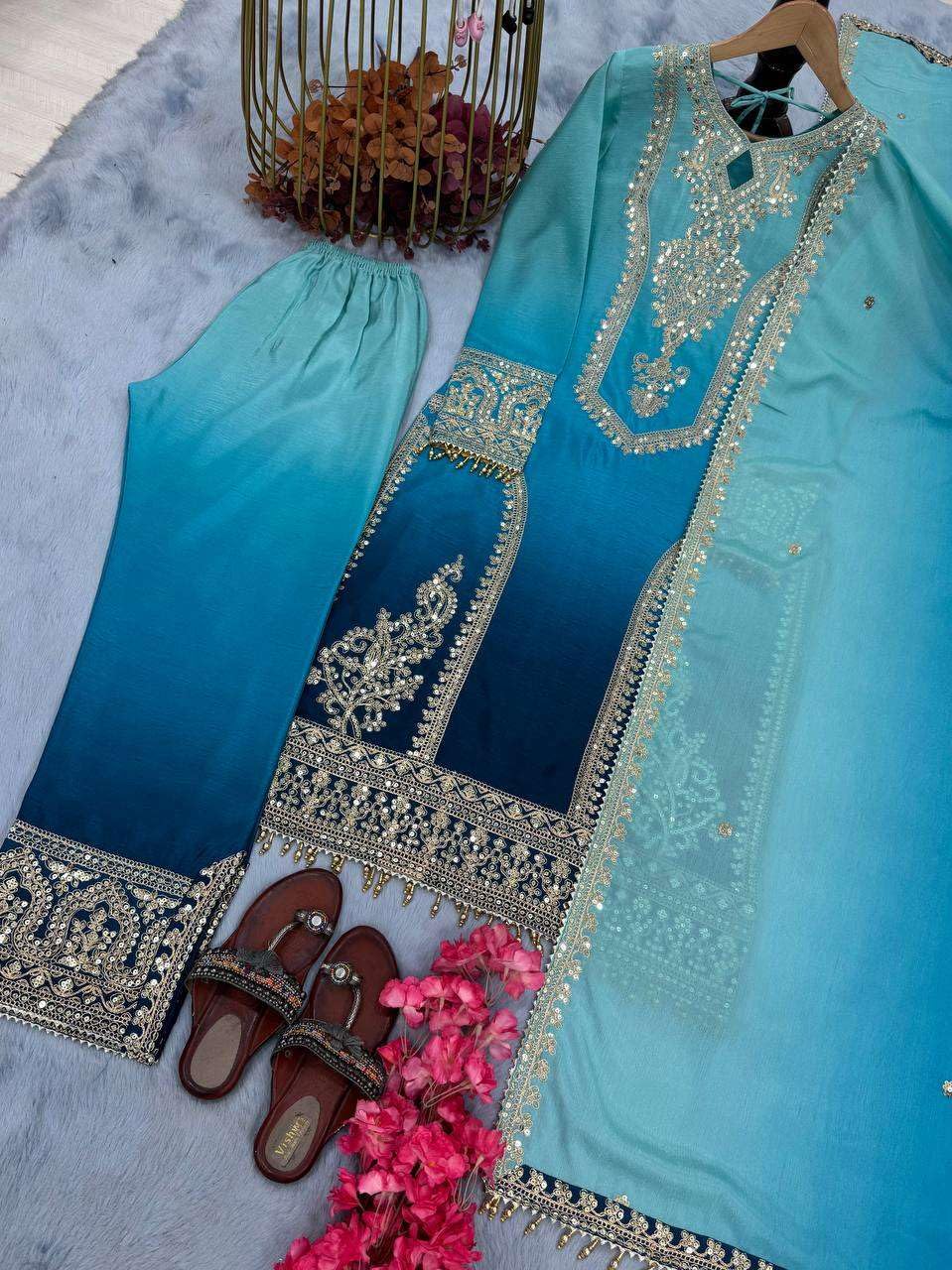 Prime aura Store Women's Chinon Silk Embroidery Straight Pakistani Salwar Suit and Dupatta (Aqua Blue-M) 4
