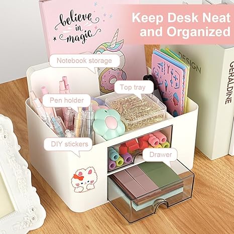 Shuttle Art Desk Organizer with 2 Drawers | Multi-Functional Stationery Holder for Office, Study Table, Home | 5 Compartment Pen, Pencil, Marker Storage Box for School & Art Supplies (White) - Image 6