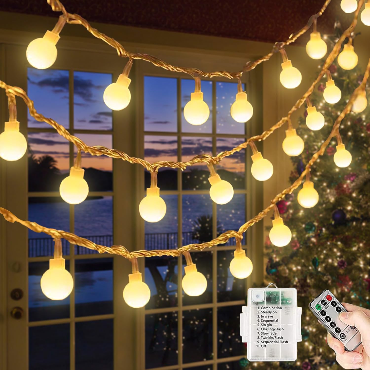 Cadena luces, cadena luces decoración navideña 40LED 5M, 8 modos con control remoto, adecuada para el balcón, el jardín, el árbol de Navidad y otras decoraciones de interior exterior (Blanco cálido)