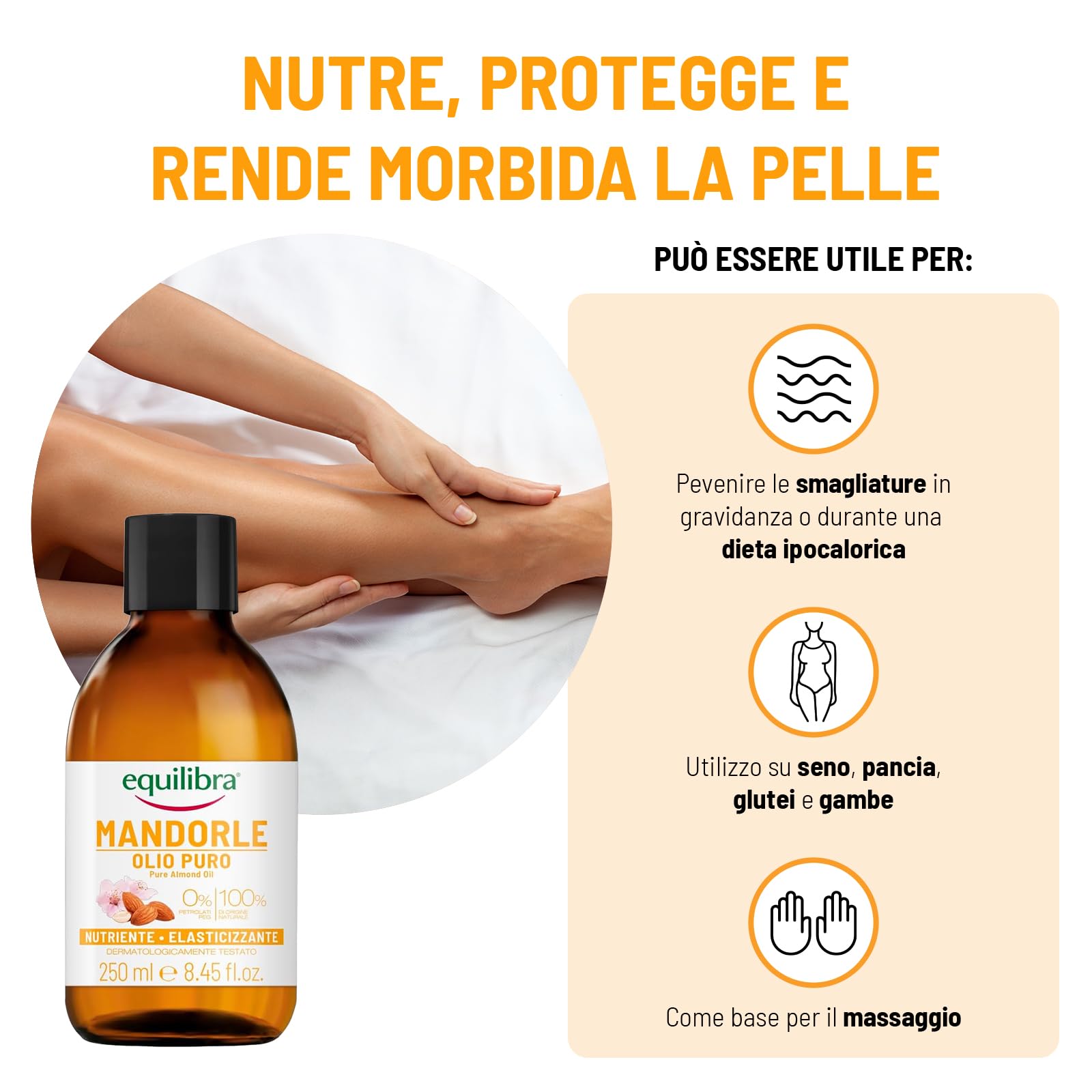 Equilibra, Olio di Mandorle Puro, Olio di Mandorle Dolci, Protettivo, Nutriente ed Elasticizzante, Aiuta a Prevenire le Smagliature in Gravidanza o Durante una Dieta Ipocalorica, 250 ml