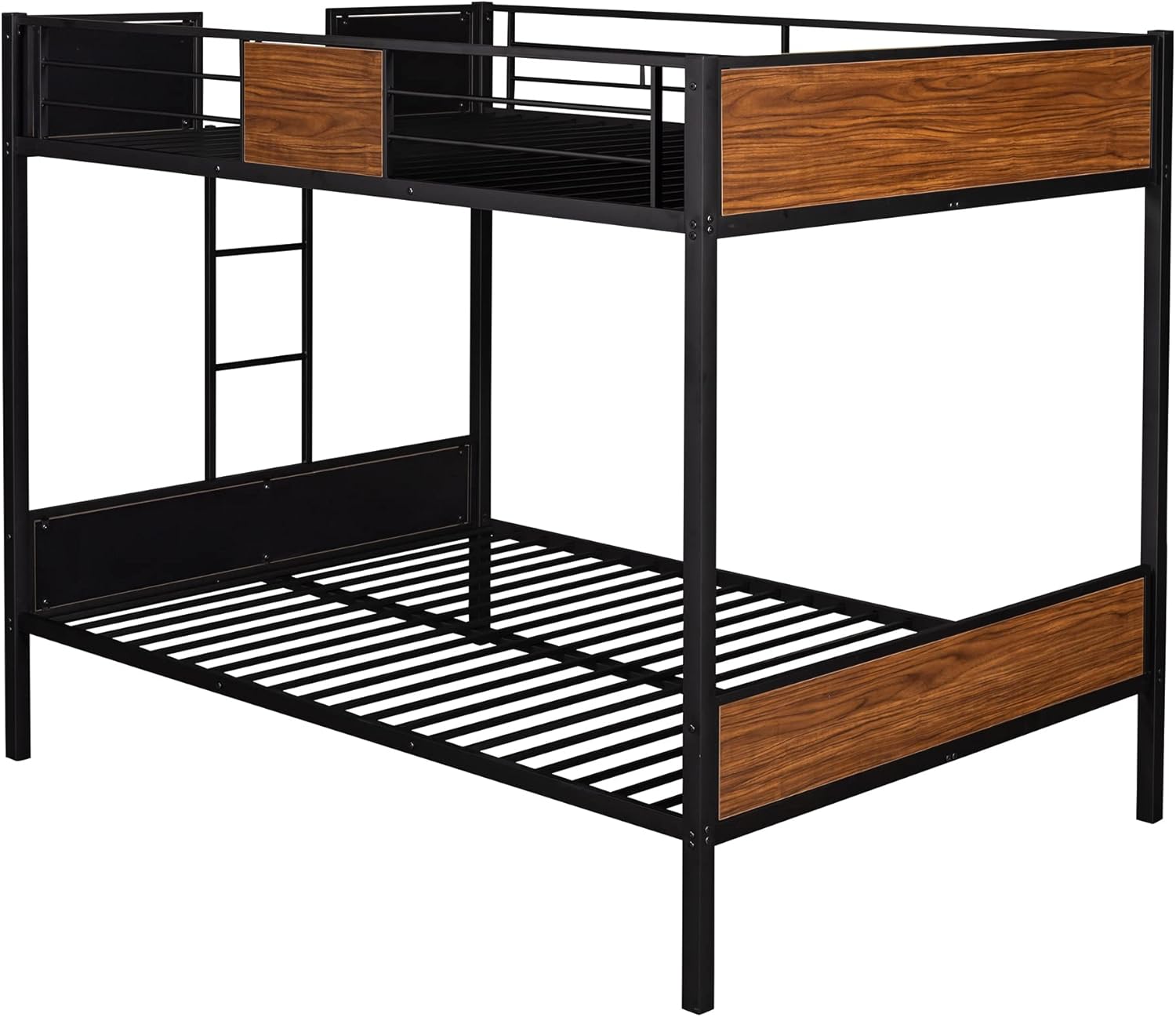 Full Over Full Bunk Bed Frame for Kids, Rustic Wood and Metal Full Bunk, 300 lbs Weight Limits,Black