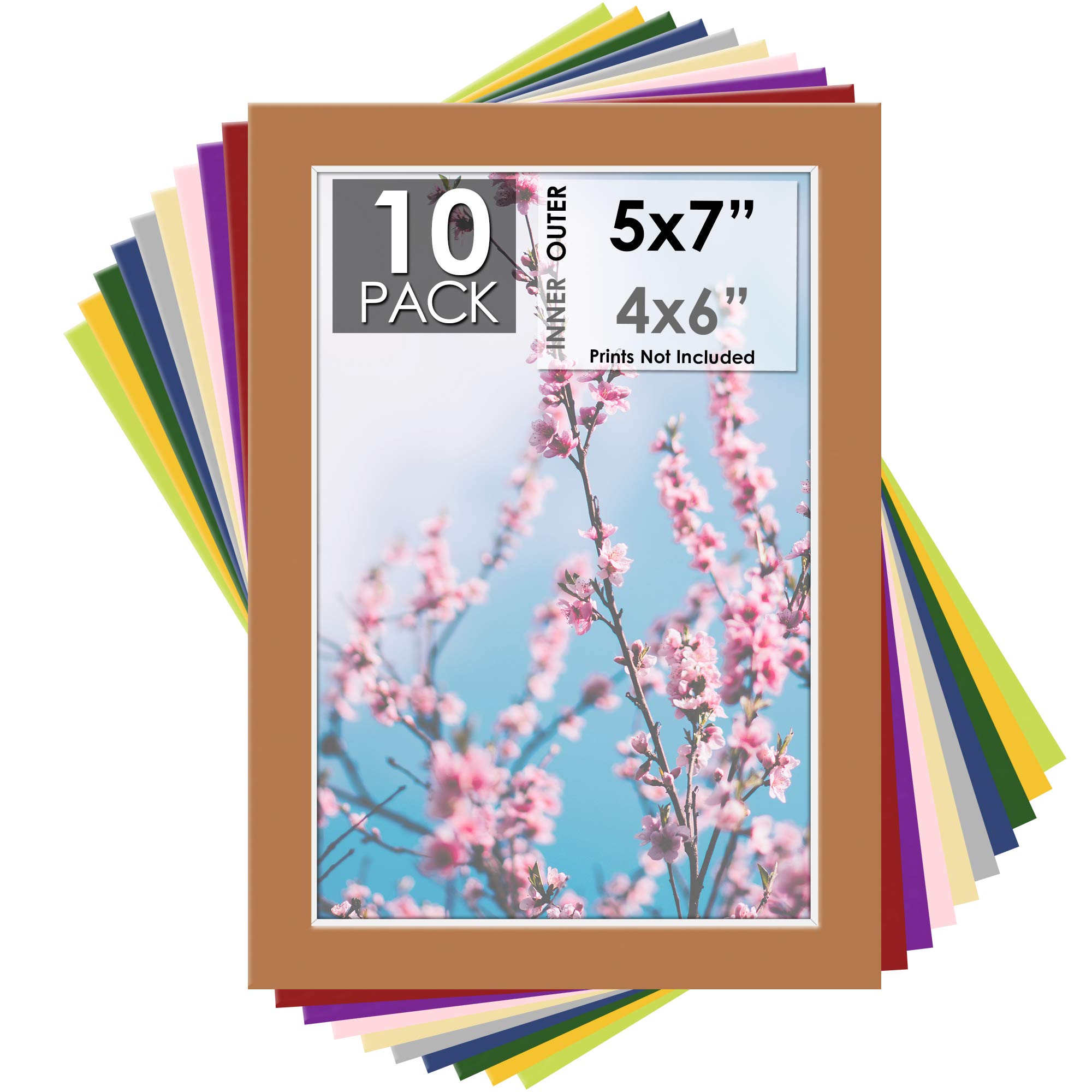 Mat Board Center, Pack of 10 5x7 Mixed Colors White Core Picture Mats for 4x6 Pictures