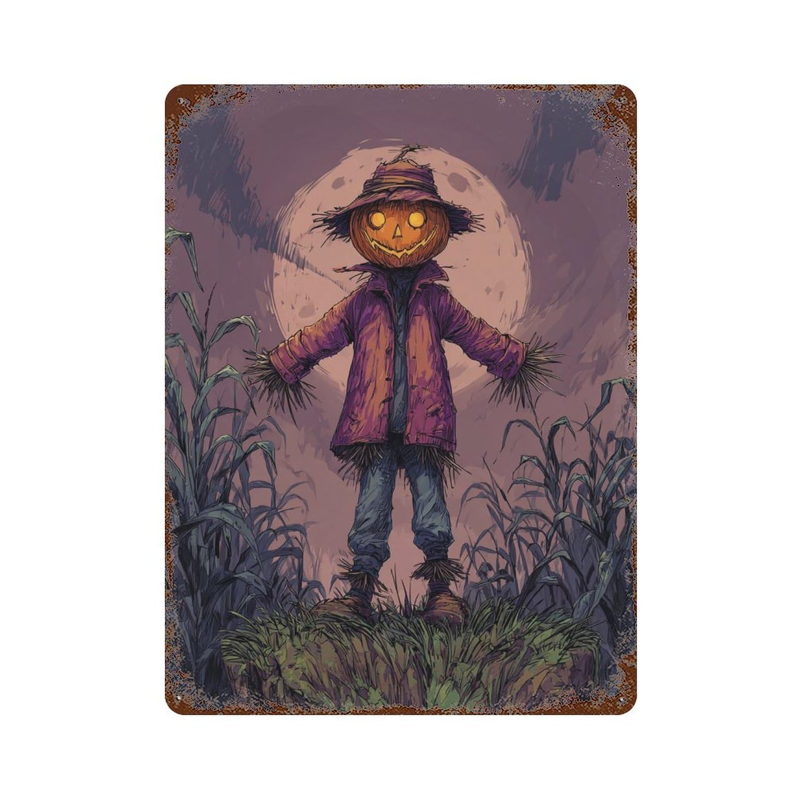 Spooky Scarecrow Halloween Decor Rust Effect Tin Sign 15.7"x11.8", Novelty Wall Decor for Patio, Garden Room And Bar Decor