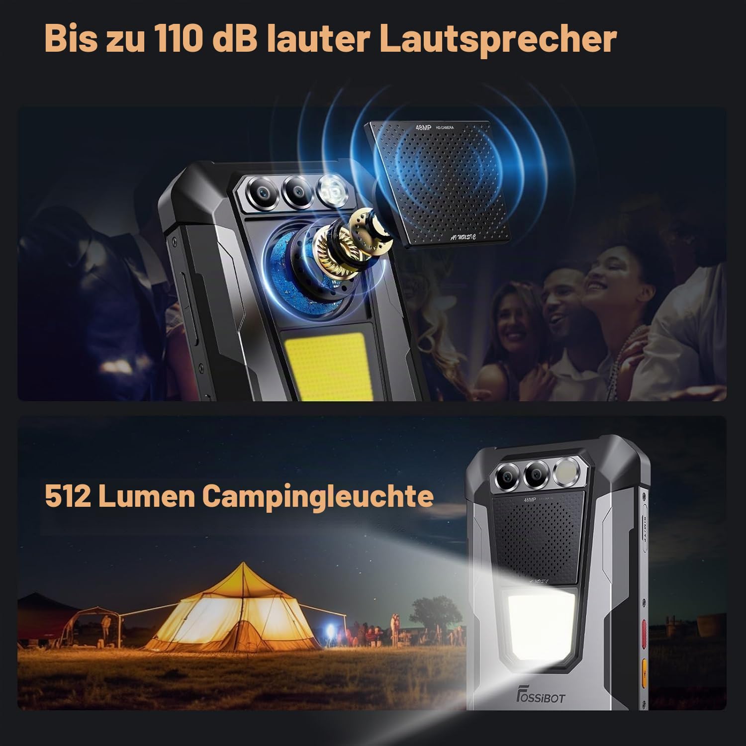 FOSSiBOT F106 Pro Outdoor Handy ohne Vertrag, Android 14 Robust Smartphone, 15GB+256GB, 12000mAh/30W, 6.58'' FHD+, 48MP+20MP, Wasserdicht IP68/IP69K/5G Dual SIM/NFC/Fingerprint/OTG/GPS (Black) (Grey)