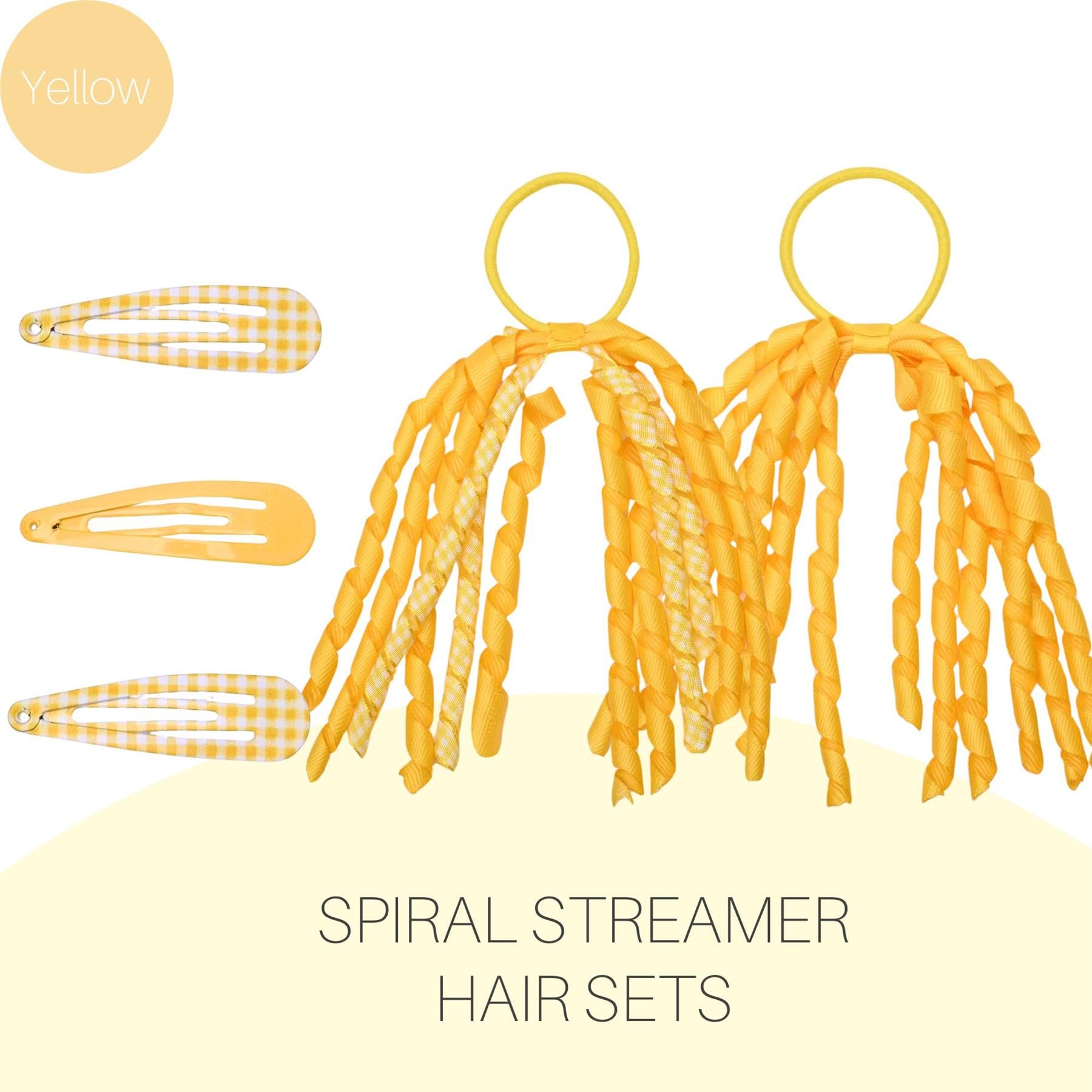 Basic Sense 2PCS Spiral Streamer Elastics and Hair Snap Clips - Plain & Gingham for Girls Yellow - Image 4