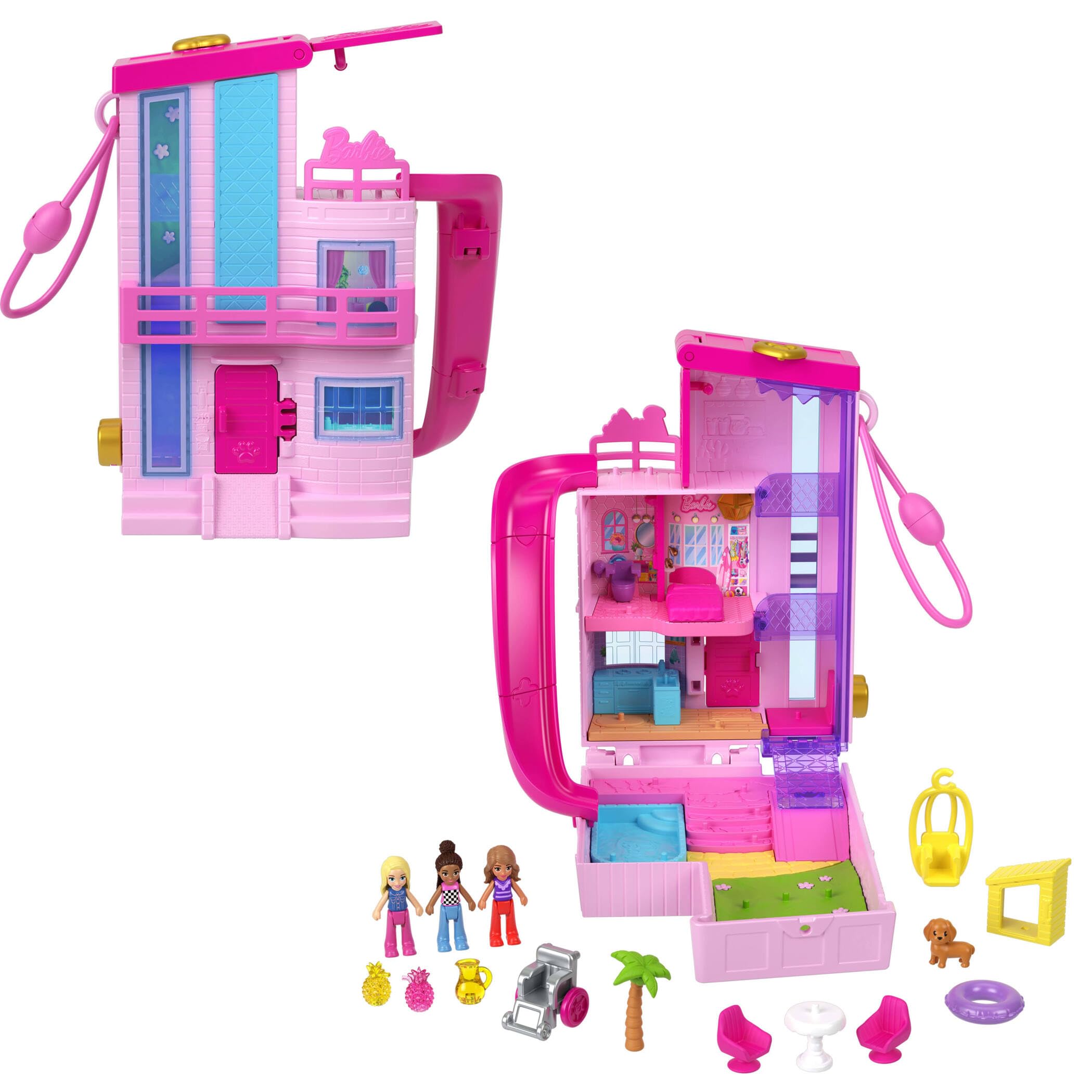 Polly Pocket Barbie Dreamhouse Compact, Dollhouse Playset with 3 Micro Dolls, 1 Puppy, 11 Accessories, Elevator & Pool, HWP11