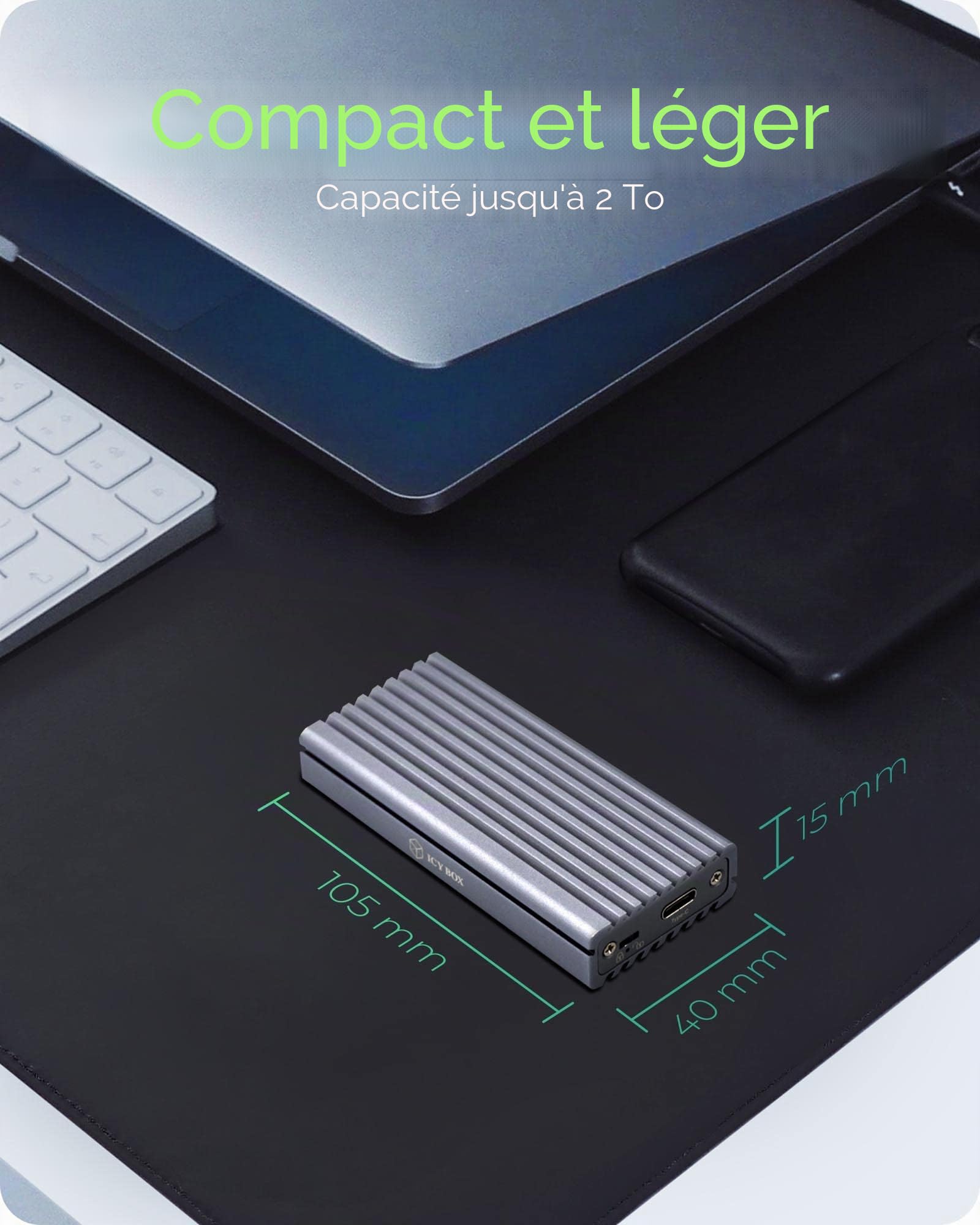 ICY BOX Boîtier SSD M.2 NVMe, USB 3.1 (Gen2, 10Gbit/s), PCIe M-Key, Disque dur externe SSD, Adaptateur NVMe, USB-C, USB-A, IB-1817M-C31