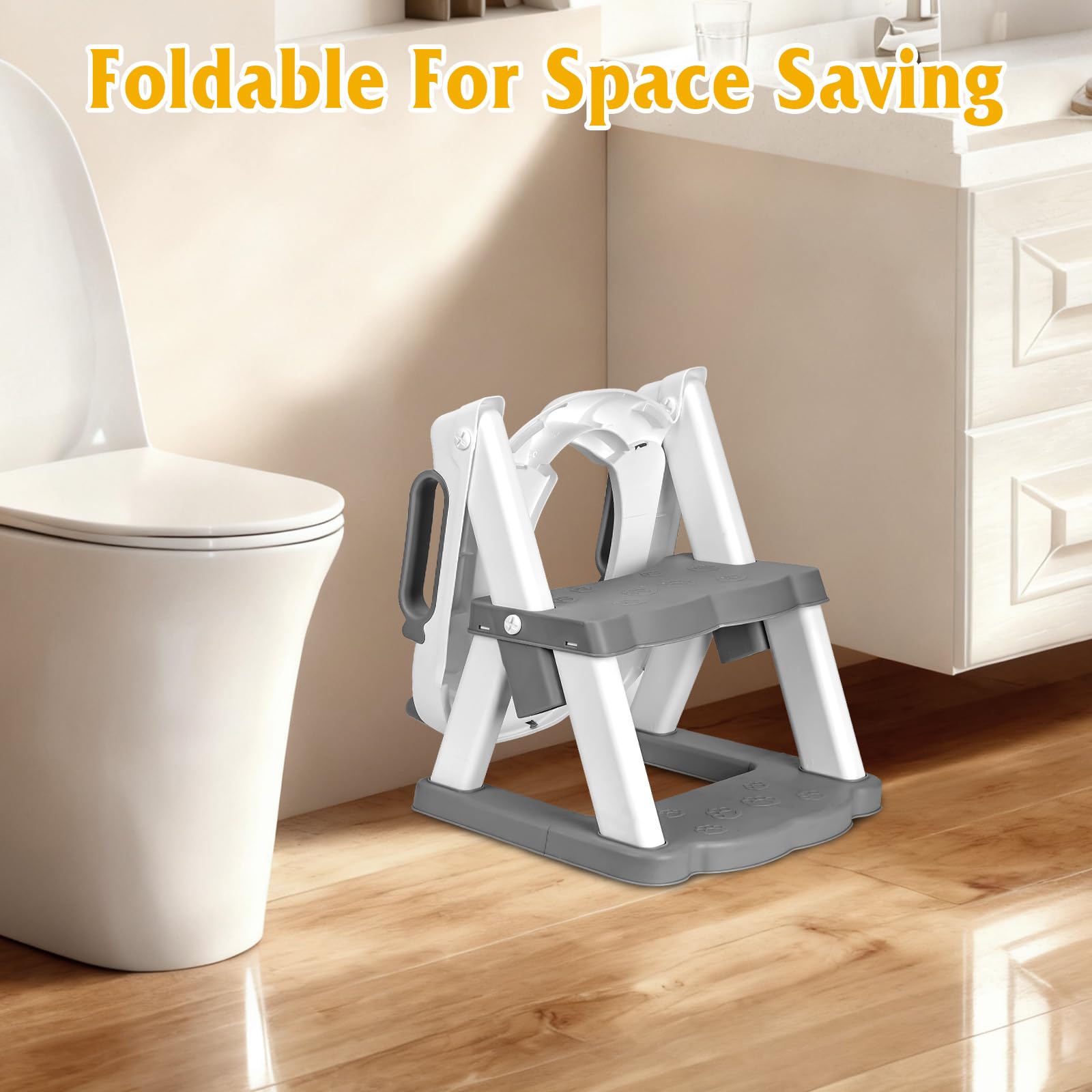 Riduttore WC Bambini con Scaletta, Stabilizzare Riduttore Water Bambini con Struttura Trapezoidale, 2 in 1 Pieghevole Adattatore WC per Bambini con PVC Morbida Seduta, Riduttore per Tazze WC a V, U, O