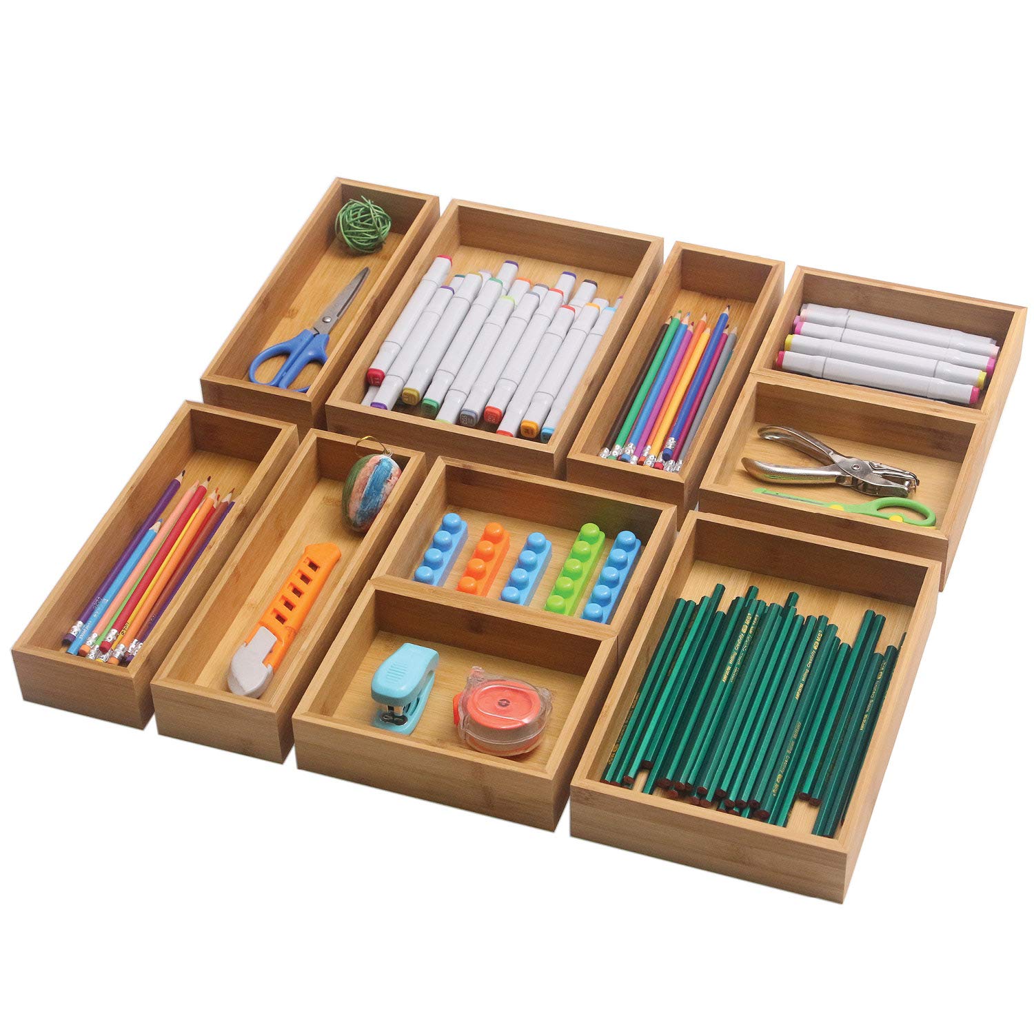 TENABORT Set of 10 Bamboo Kitchen Drawer Organizer Tray Desk Dividers