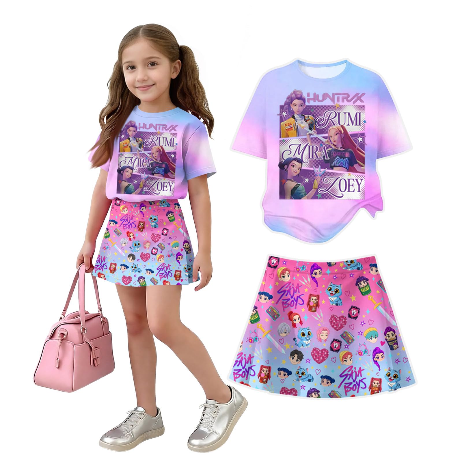 K Pop Short Sleeve T-Shirt and Skirts Outfits Set for Girls Hunters Girl's Anime Graphic Tees De-Mon Summer Sets — view 41