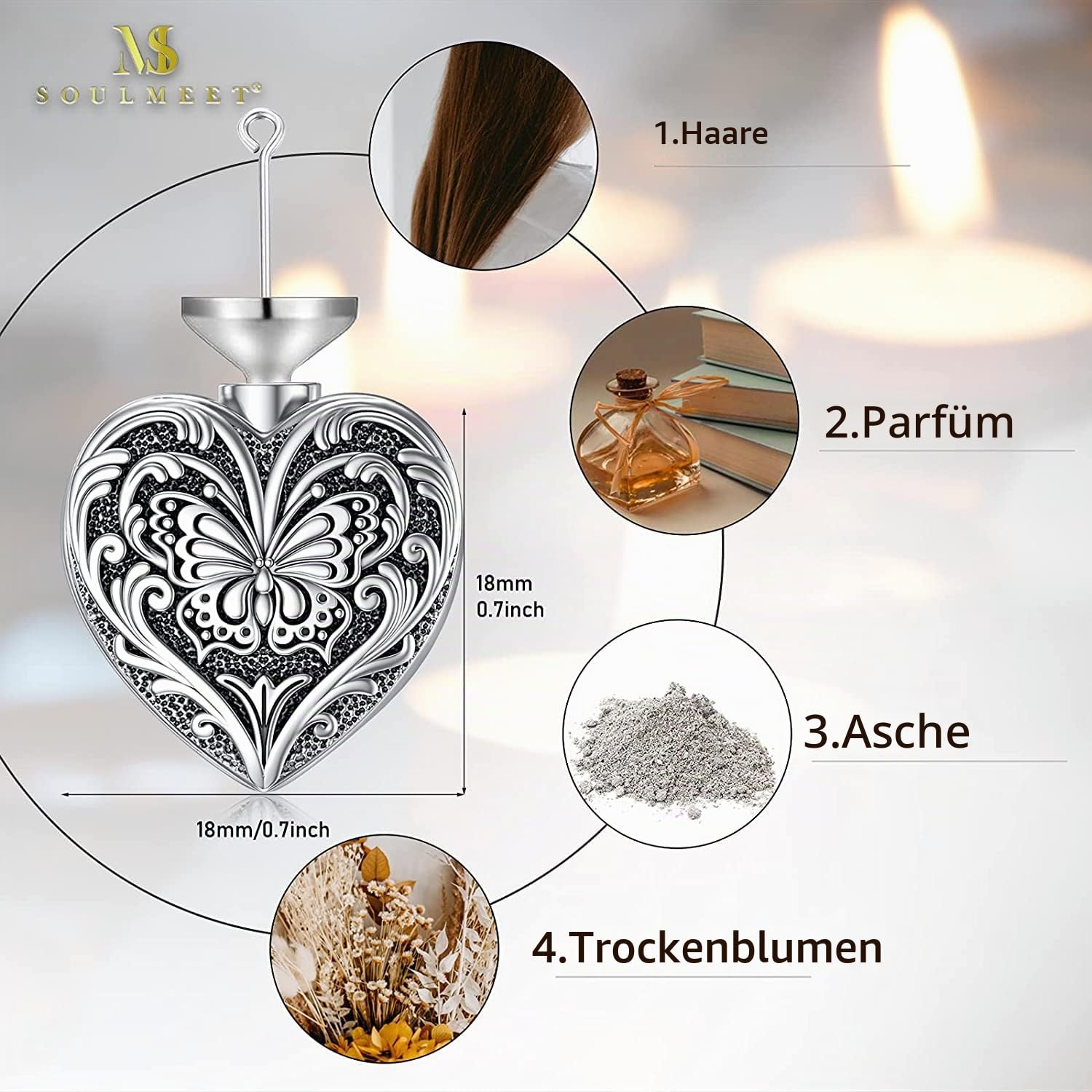 SOULMEET Einäscherungsschmuck für Asche, Asche Anhänger, Memorial Kremation schmuck für Asche, Urnen Kette für Asche Medaillons Frauen Männer Sterling Silber