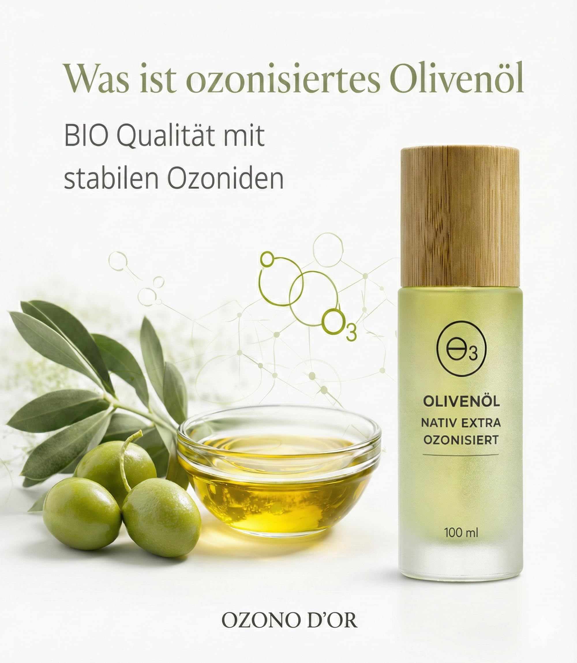 Ozonisiertes Olivenöl Bio 100% Natürliches Ozonöl zur Pflege bei Schuppenflechte Dermatitis Ekzem und Juckreiz für empfindliche und zu Neurodermitis neigende Haut Glasverpackung 100 ml