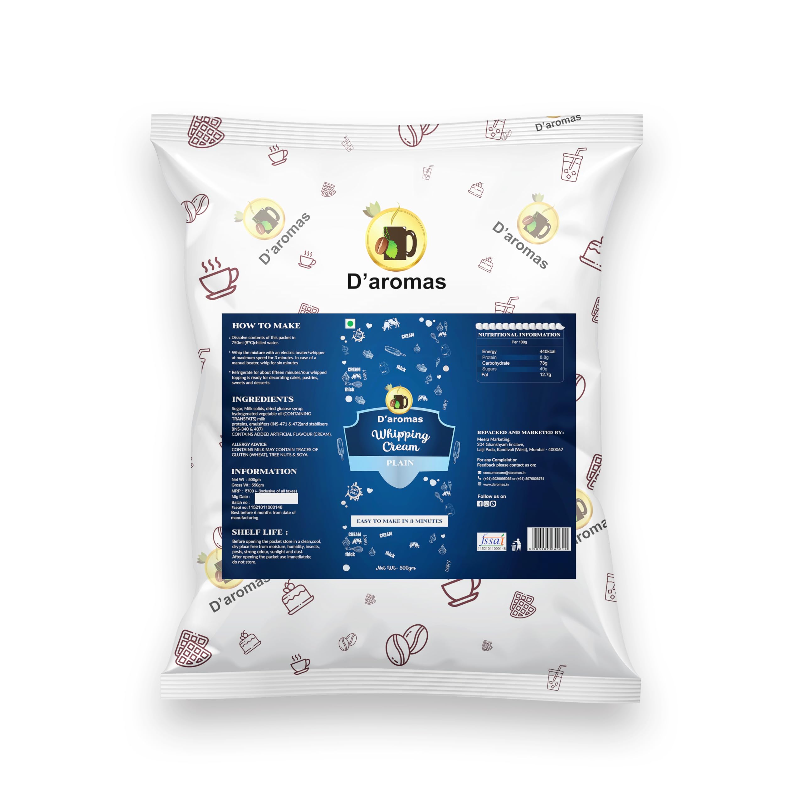 D'aromas Plain Wipping Cream, 100% Vegetarian, 3Kg Whipping Cream For Cake, Muffins, Ice Cream & Cupcakes (500gm) (Pack Of 6)-image-45