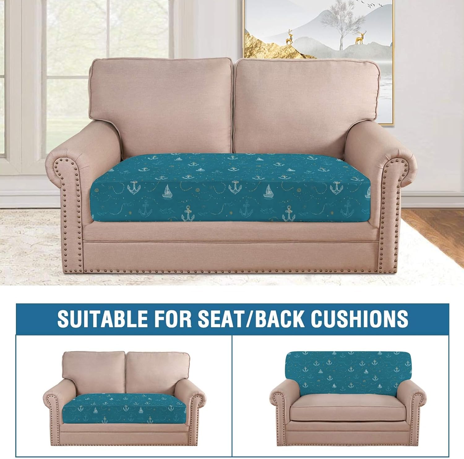 Anchor Boat Motif Blue Loveseat Covers Couch Covers for 2 Cushion Couch, 2-Piece Stretch Sofa Slipcovers Anti-Slip Washable Furniture Protectors for Dogs Pets