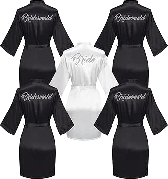 7-Piece Bridesmaid Satin Robes Set With Rhinestones - Wedding Party Robes Navy & White