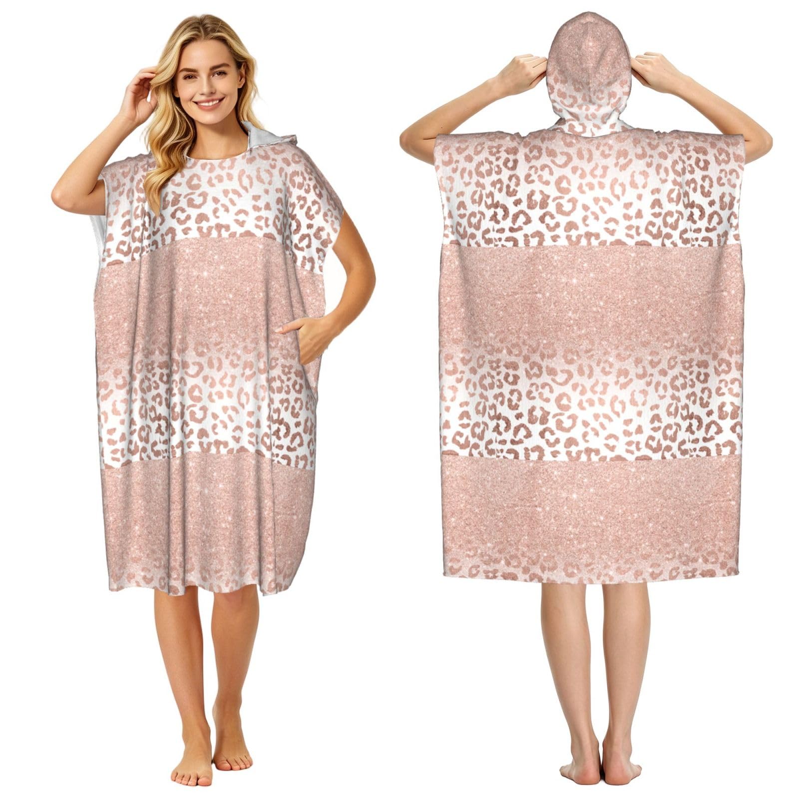 Poadnly Trendy Faux Rose Gold Glitter Ombre Leopard, Adult Hooded Beach Towel 90 x 110 cm,Changing Bath Robe, Surf Poncho Towel For Women Men
