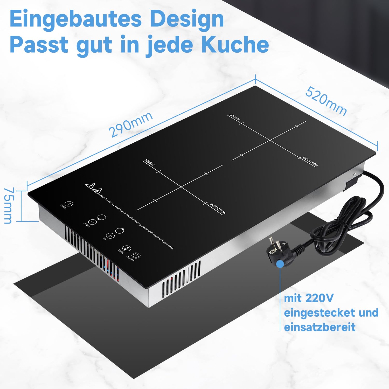 Glaskeramikkochfeld 3500W 2 Kochzonen Touch-Steuerung Kindersicherung