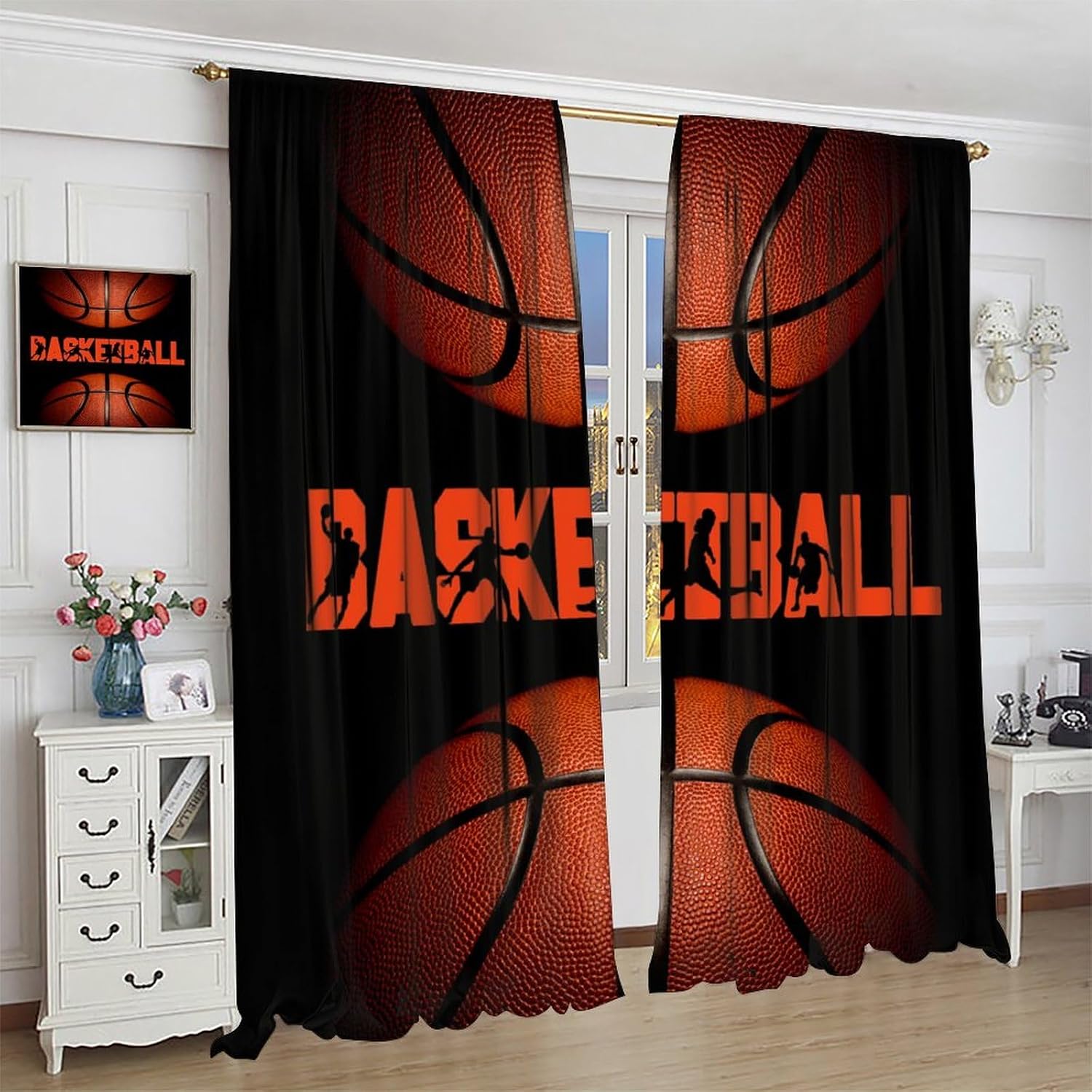 Boys Game Basketball Blackout Curtain, Modern Sports Theme Basketball Print Window Curtains for Kids Bedroom Teens Room Playroom 42" W X 45" L
