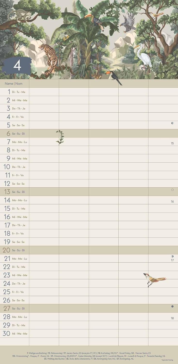 GreenLine - Jungle 2025 Family Planner, 22 x 45 cm, Family Calendar with Efficient Monthly Division in 5 Columns, for Family Organisation, School Holidays and Timetables, with Spiral Bound