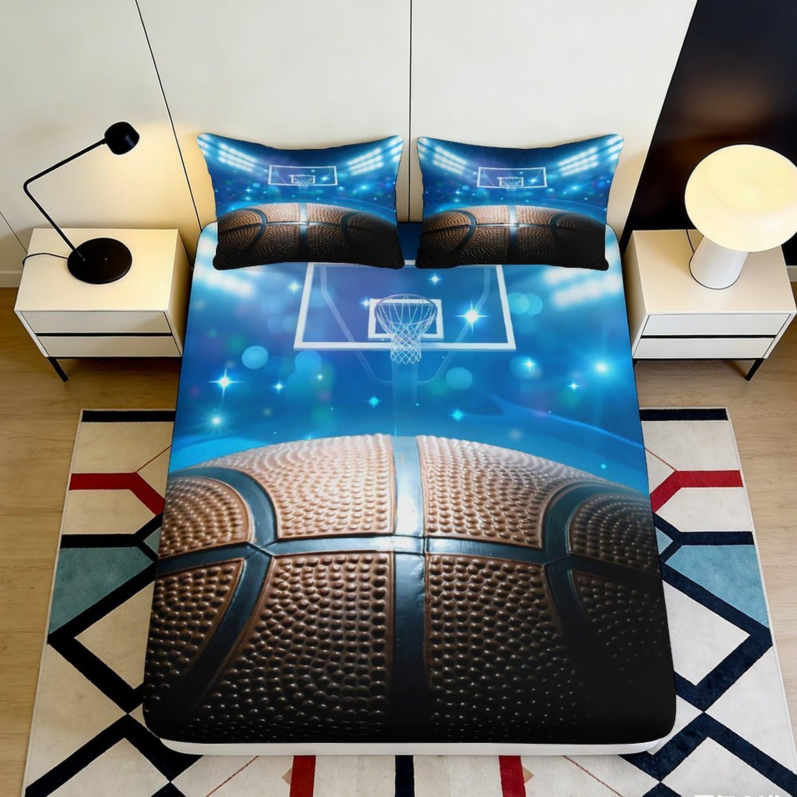 3D Printed Basketball Fitted Sheet Microfiber Soft Breathable Basketball Court Bed Cover for Bedroom Dormitory Guest Room Mattress Protection Decor 180x200x25cm