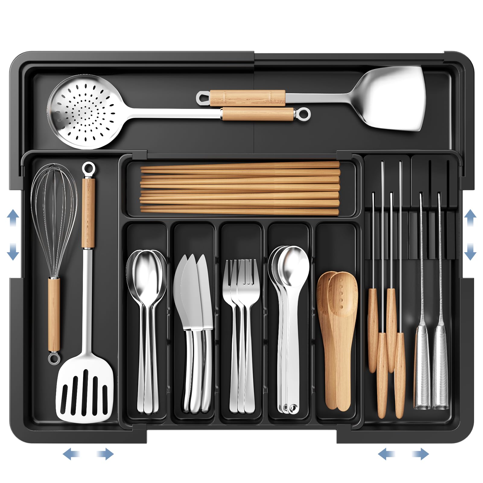 Axrye Cutlery Drawer Organiser, Adjustable Utensil Kitchen with 2 Removable Knife Blocks 6-9 Slots Expandable Cooking Drawer Storage Organiser 33-53cm/13-21inch Flatware Tray for Spoons Forks Knives