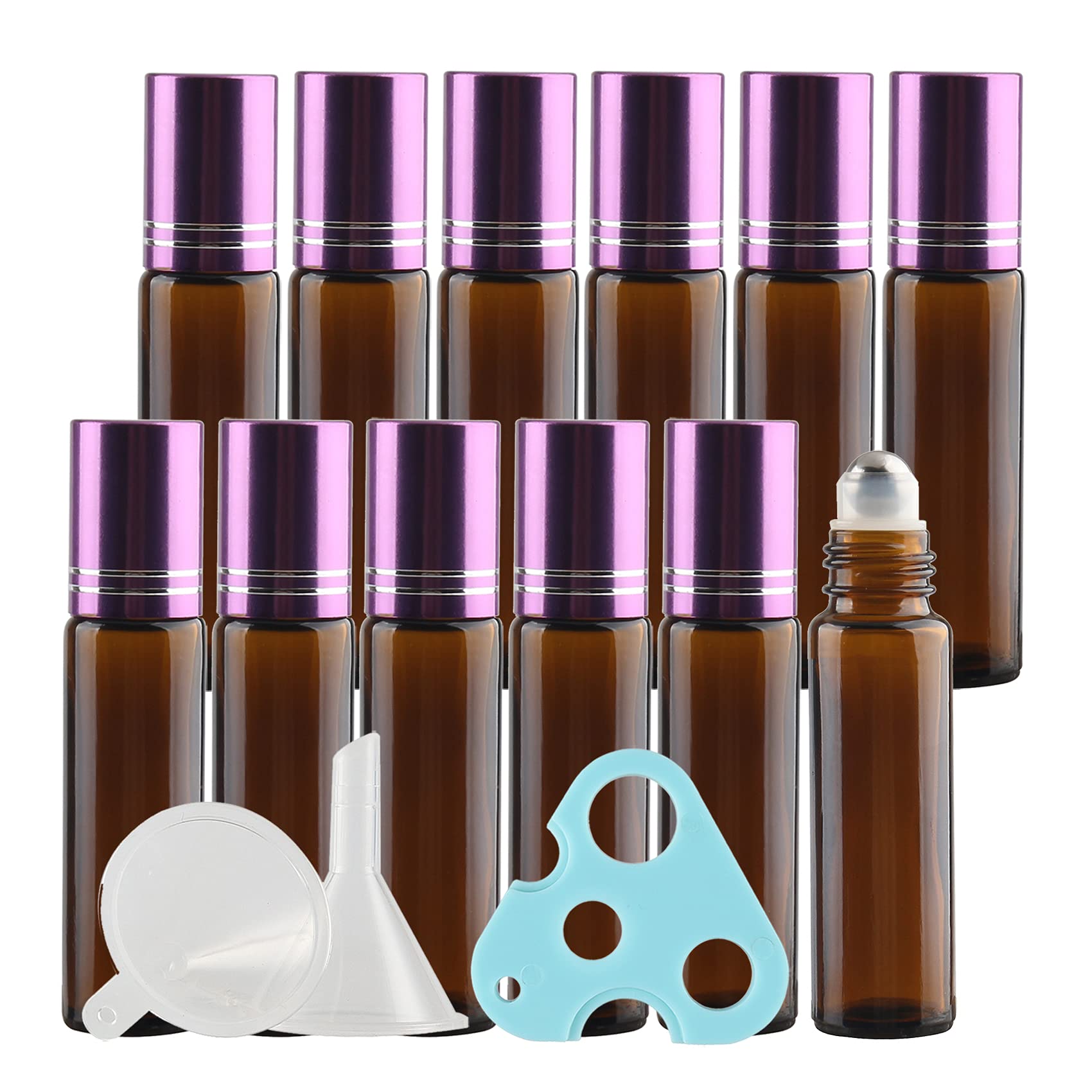24 Stück Leere 10ml Braun Glas Roller Flaschen mit Lila Alu Schraubverschluss, Roll-On Glasflaschen mit Glasroller für Ätherische Öle Essential Oil mit Trichter Öffner