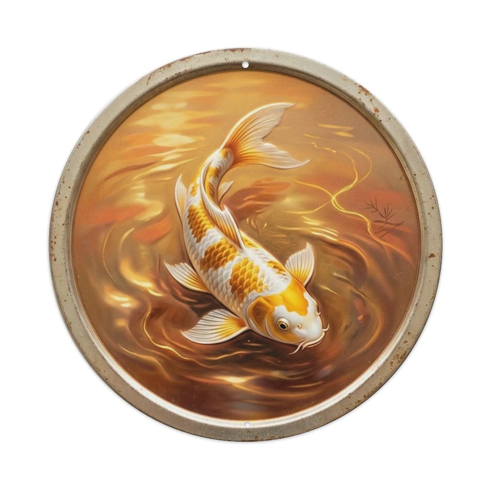 Japanese Koi Carp Amber Sunset Glow Zen Water Garden Metal Tin Sign Plaque Wall Decor for Cafe, Man Cave, Club Bar, Office, Home Garden Round Metal Poster 8x8Inch