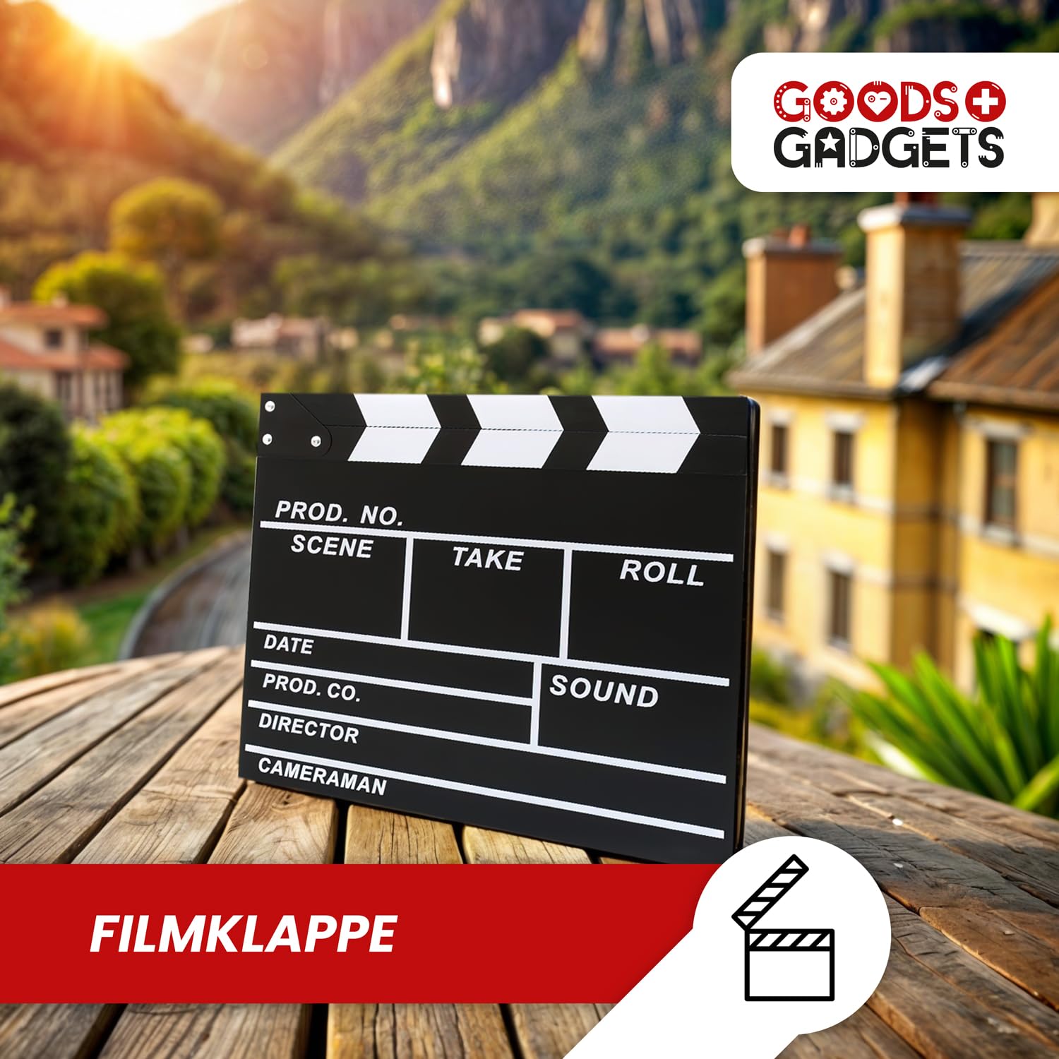 GOODS+GADGETS® Klaps Reżyserski XXL 30x27 cm - Tablica Kredowa Rekwizyt | Klaps filmowy na podstawie oryginału – czarna powierzchnia do pisania kredą, zawias, wymiary 30 x 27 cm