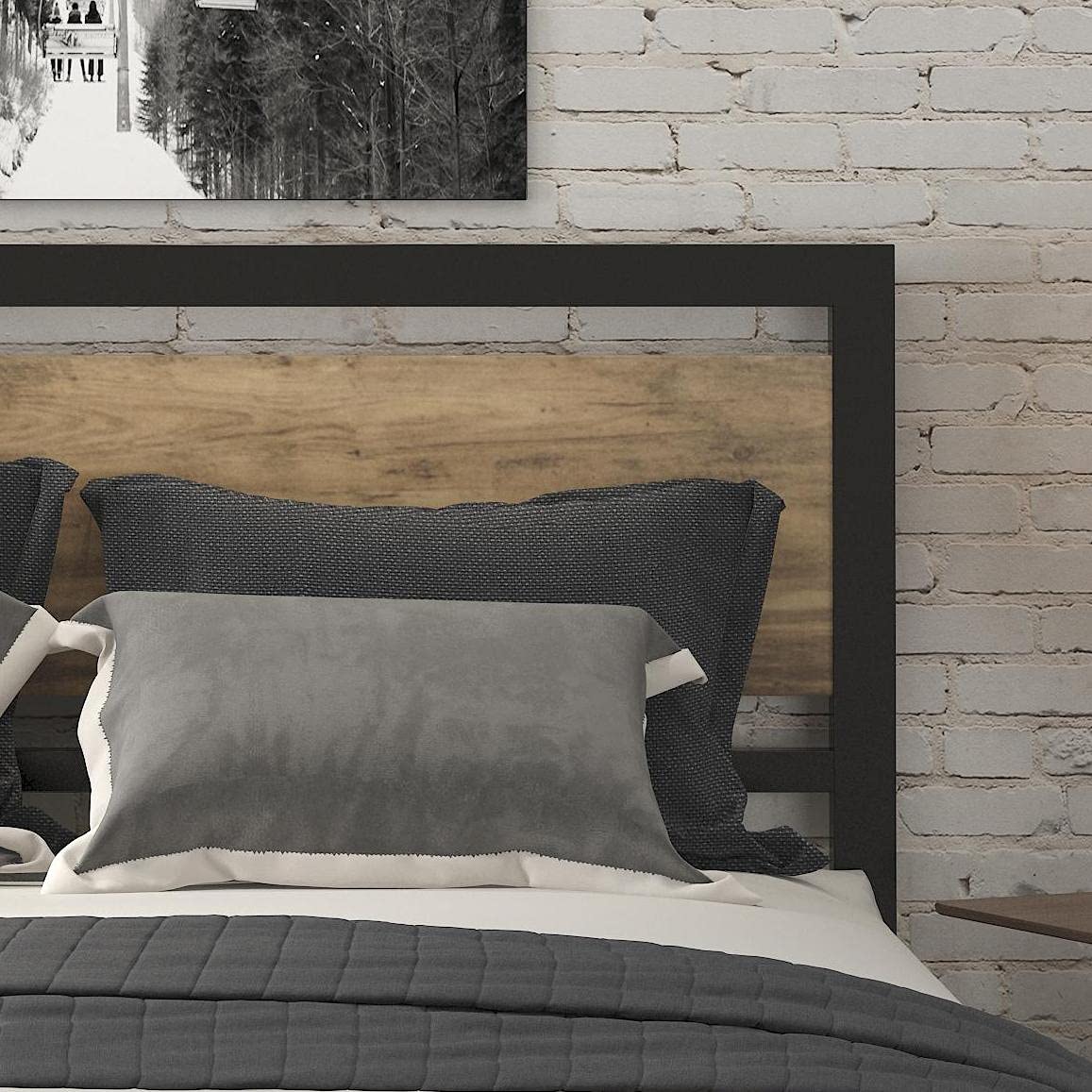 SHA CERLIN Queen Bed Frame with Modern Wooden Headboard / Heavy Duty