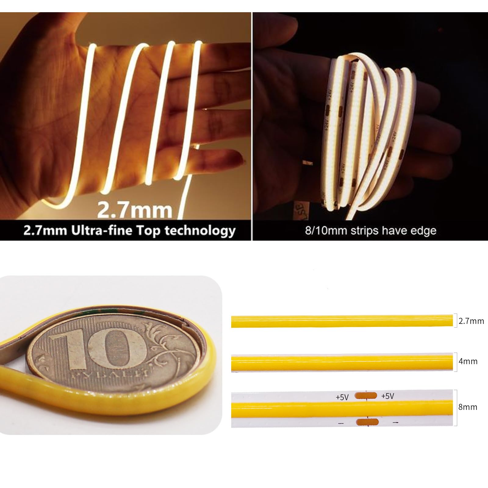 Striscia LED COB 5m 12V - 480LED/M Blu Ghiaccio, CRI90+ Per Cucina, Armadi, Decorazione - Foto 3