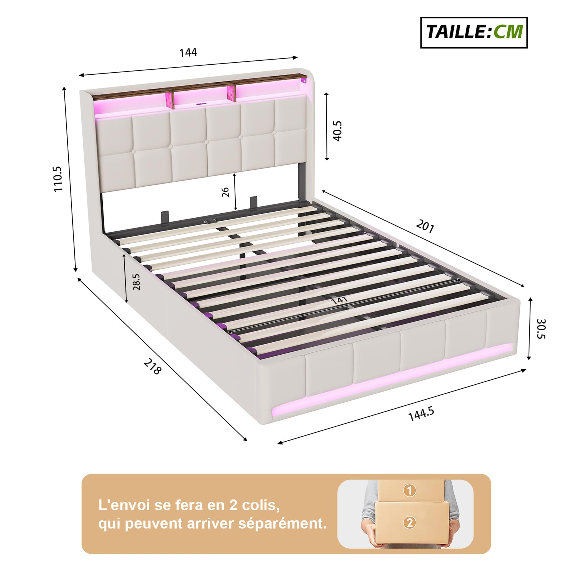 Cama con cajón 140 x 200 con LED, cama de matrimonio tapizada con somier de listones y compartimento de almacenamiento, cabecero doble, cama de matrimonio para adultos y adolescentes, sin