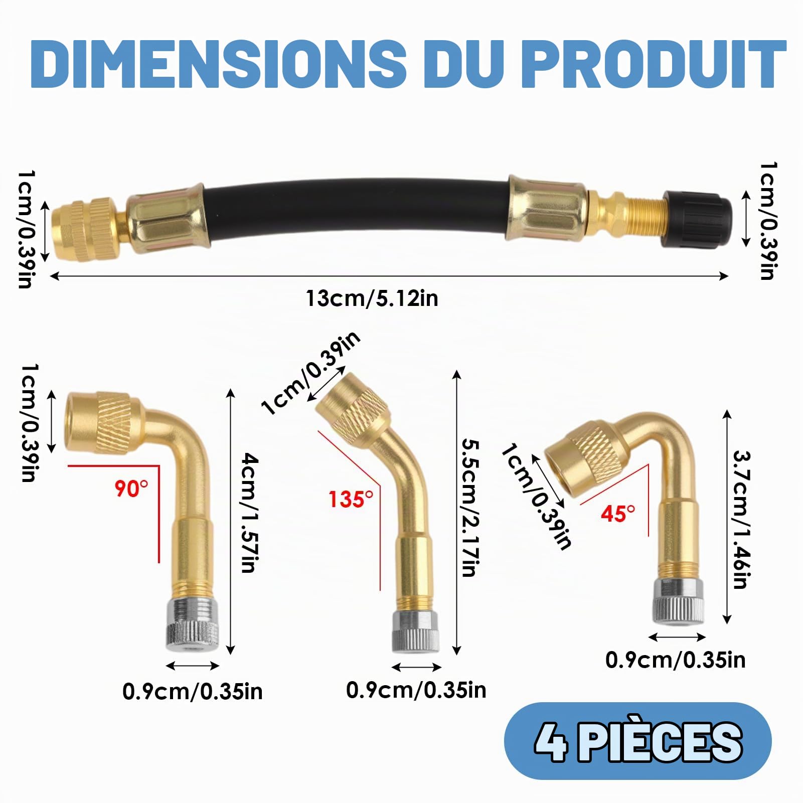 Rallonge de Valve de Pneu 1pc, Adaptateur en Cuivre Pur pour Voiture, Moto et Scooter, Valve Angulaire 45°, 90°, 135° et Flexible 125mm pour Gonflage Rapide de Pneus