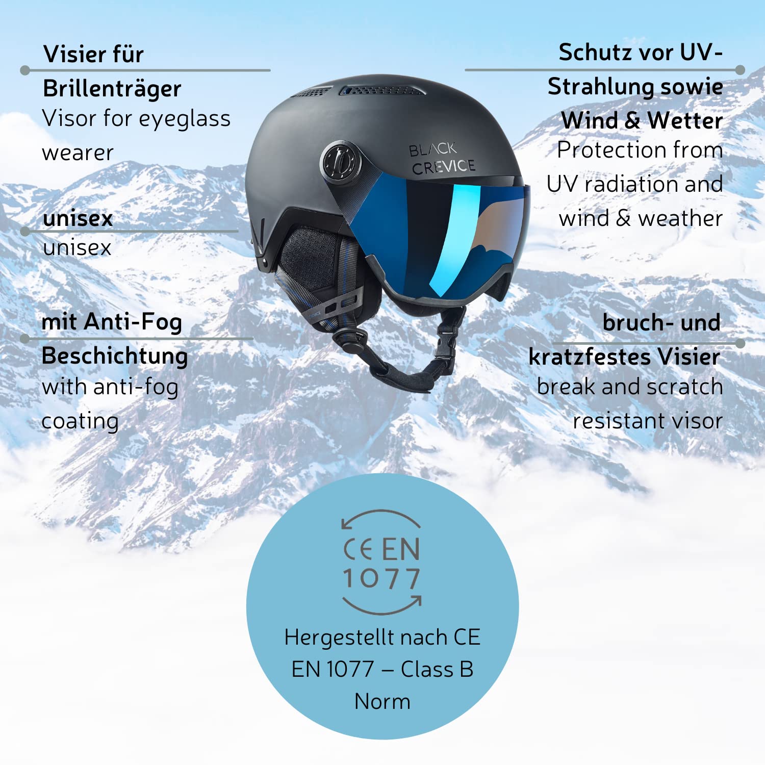 Black Crevice Kask narciarski Chamonix I kask narciarski z wizjerem w stylu pilota, kask narciarski dla mężczyzn i kobiet, unisex, kask snowboardowy, oddychający kask narciarski, regulowany rozmiar
